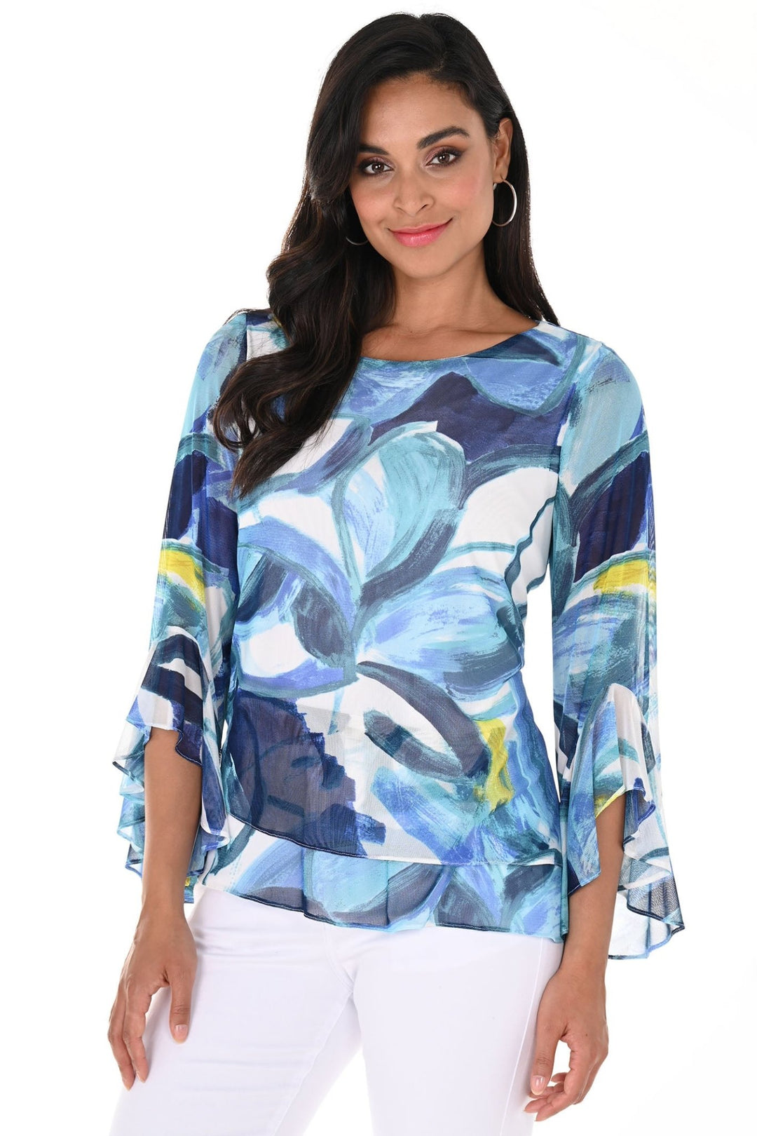 Frank Lyman 246396 Royal Blue White Print Chiffon Top - Dotique