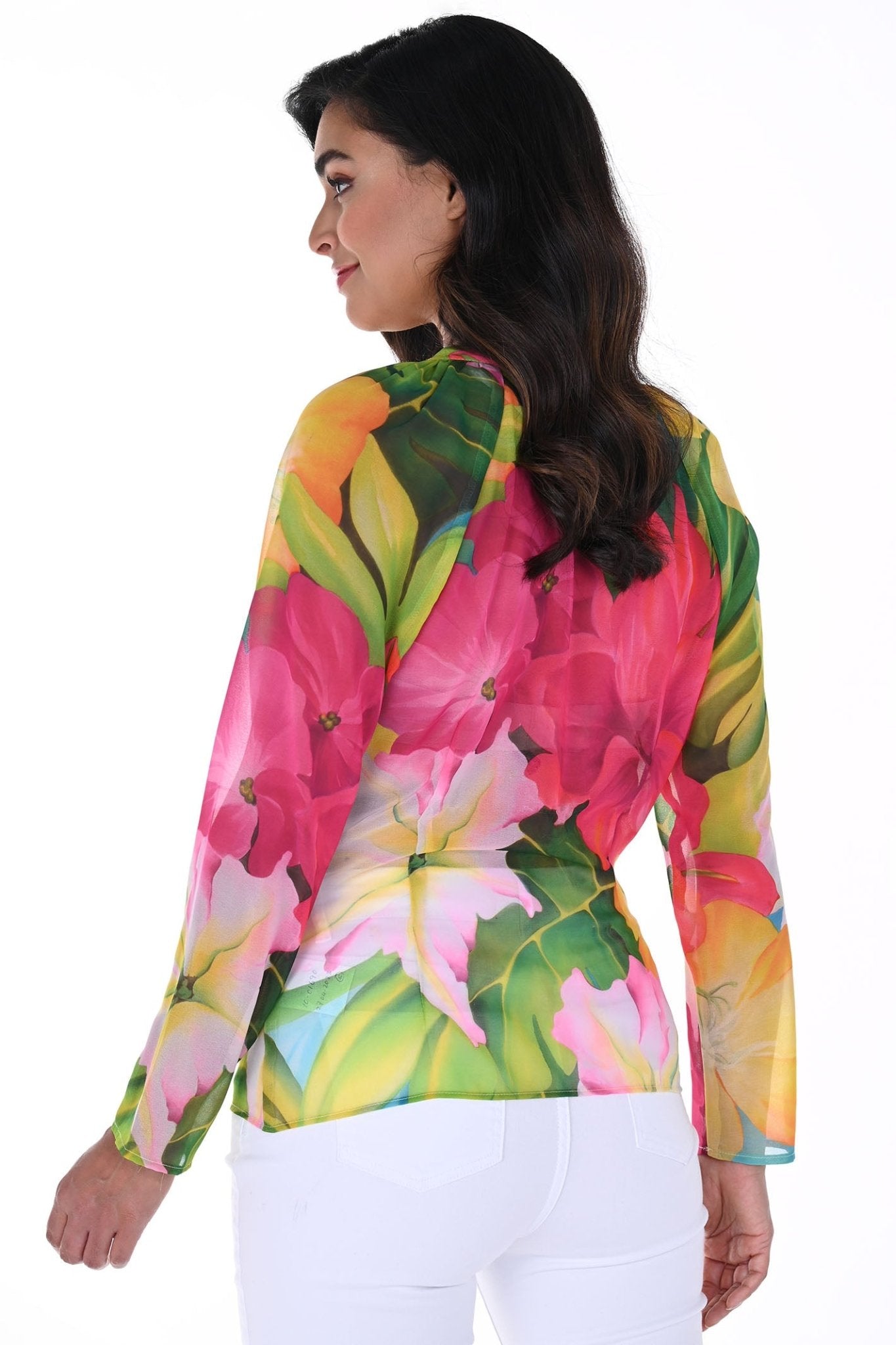 Frank Lyman 246483 Fuschsia Green Floral Print Chiffon Blouse - Dotique