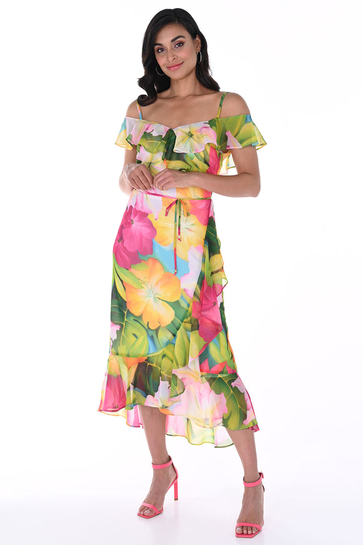 Frank Lyman 246484 Pink Green Tropical Print Off The Shoulder Dress - Dotique