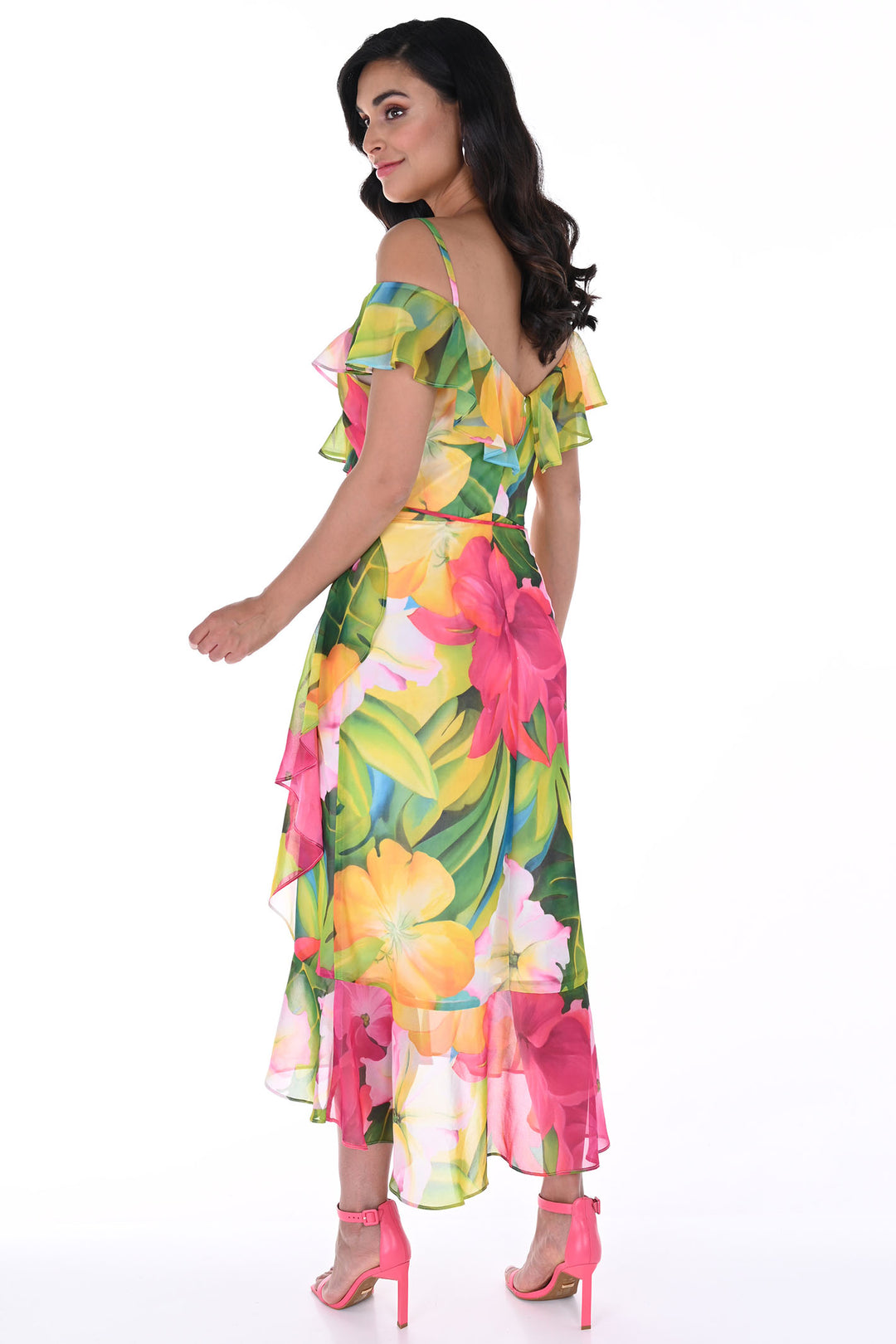Frank Lyman 246484 Pink Green Tropical Print Off The Shoulder Dress - Dotique