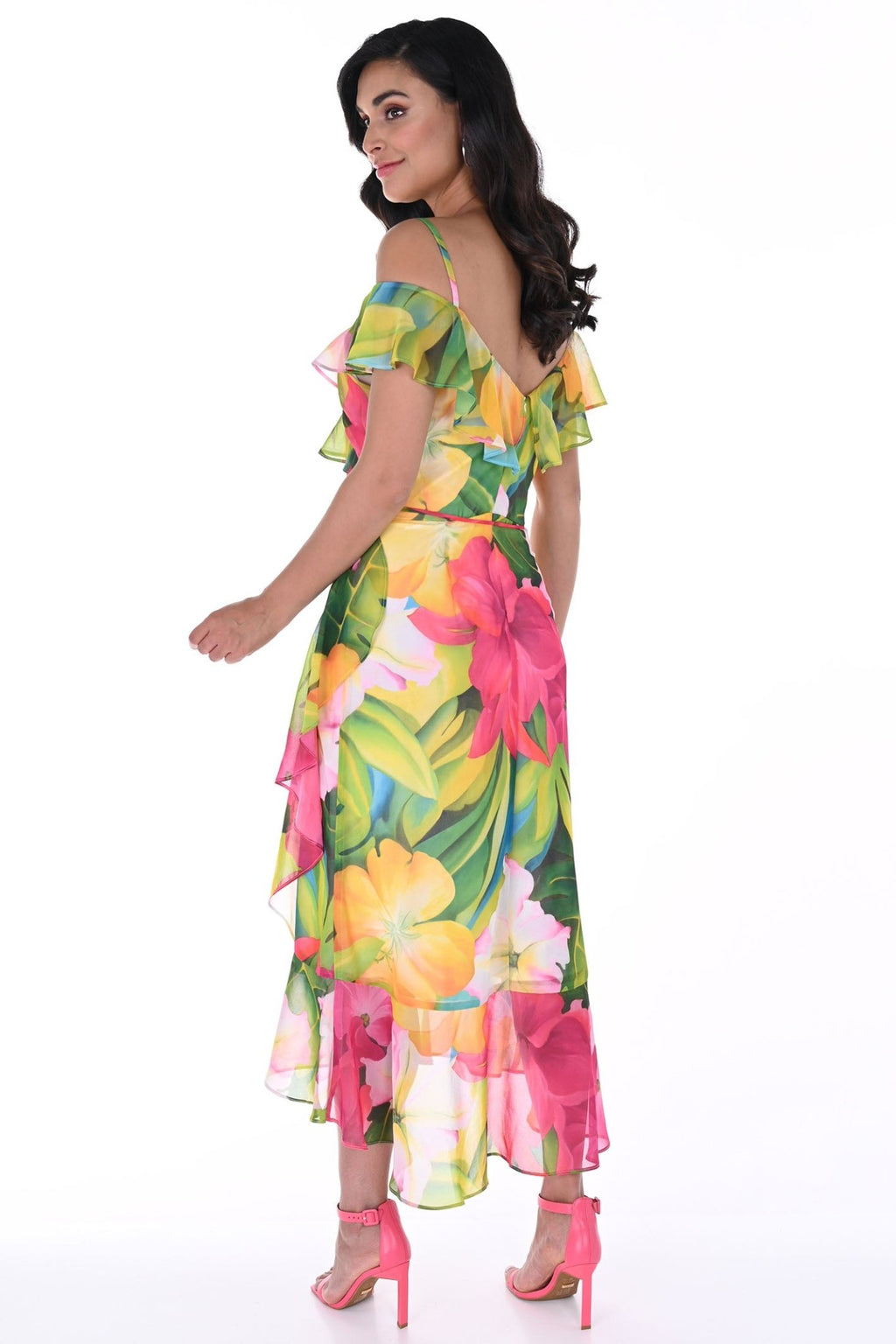Frank Lyman 246484 Pink Green Tropical Print Off The Shoulder Dress - Dotique