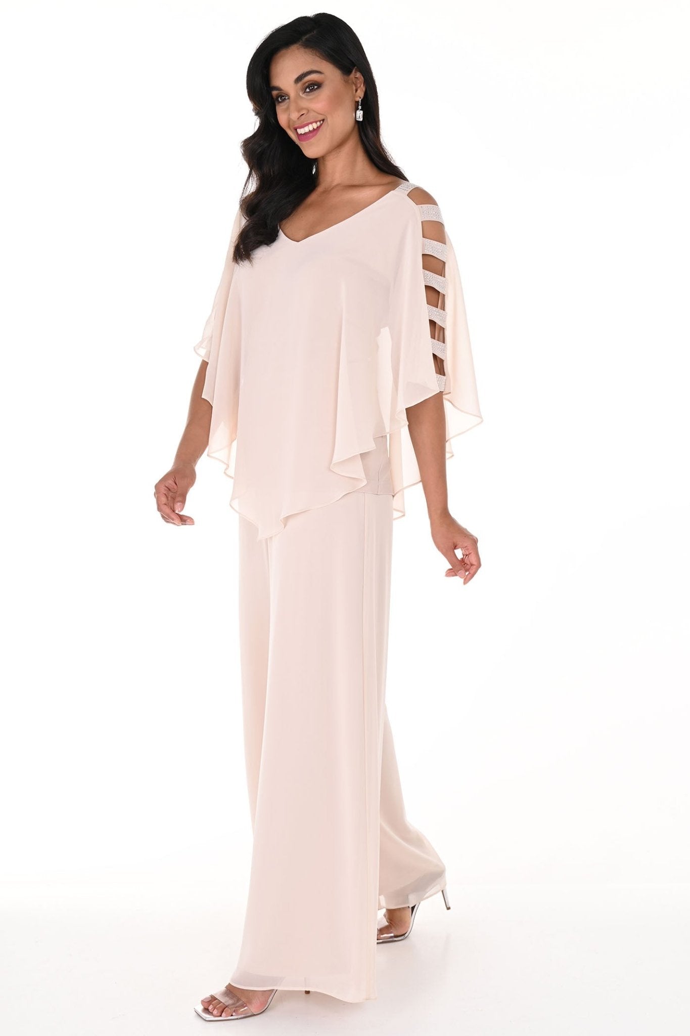 Frank Lyman 248027 Champagne Wide Leg Chiffon Trousers - Dotique