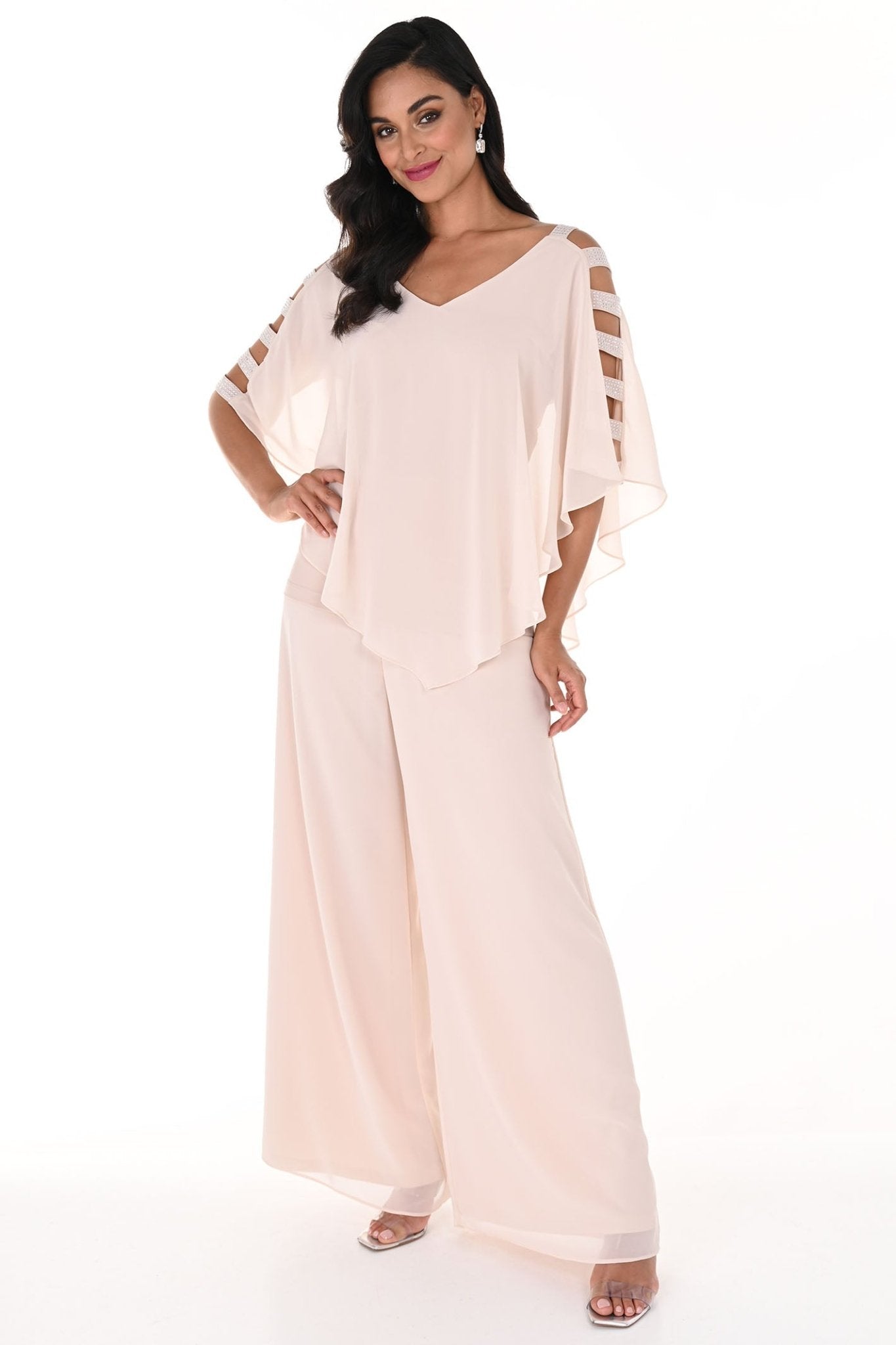 Frank Lyman 248027 Champagne Wide Leg Chiffon Trousers - Dotique