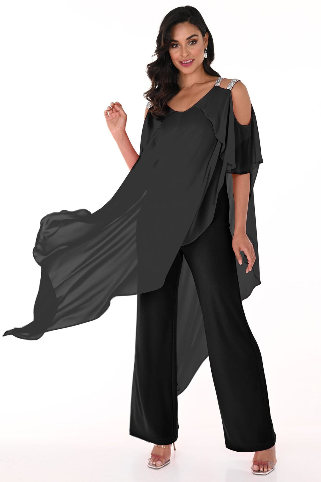 Frank Lyman 248146 Black Jumpsuit with Diamante Shoulder - Dotique