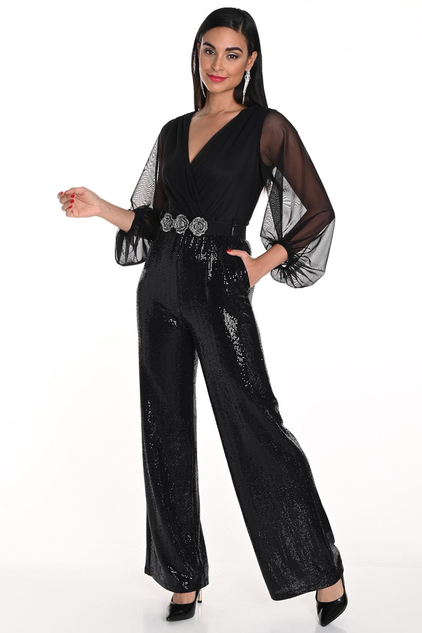 Frank Lyman 249165 Black V Neck Jumpsuit with Chiffon Sleeves - Dotique