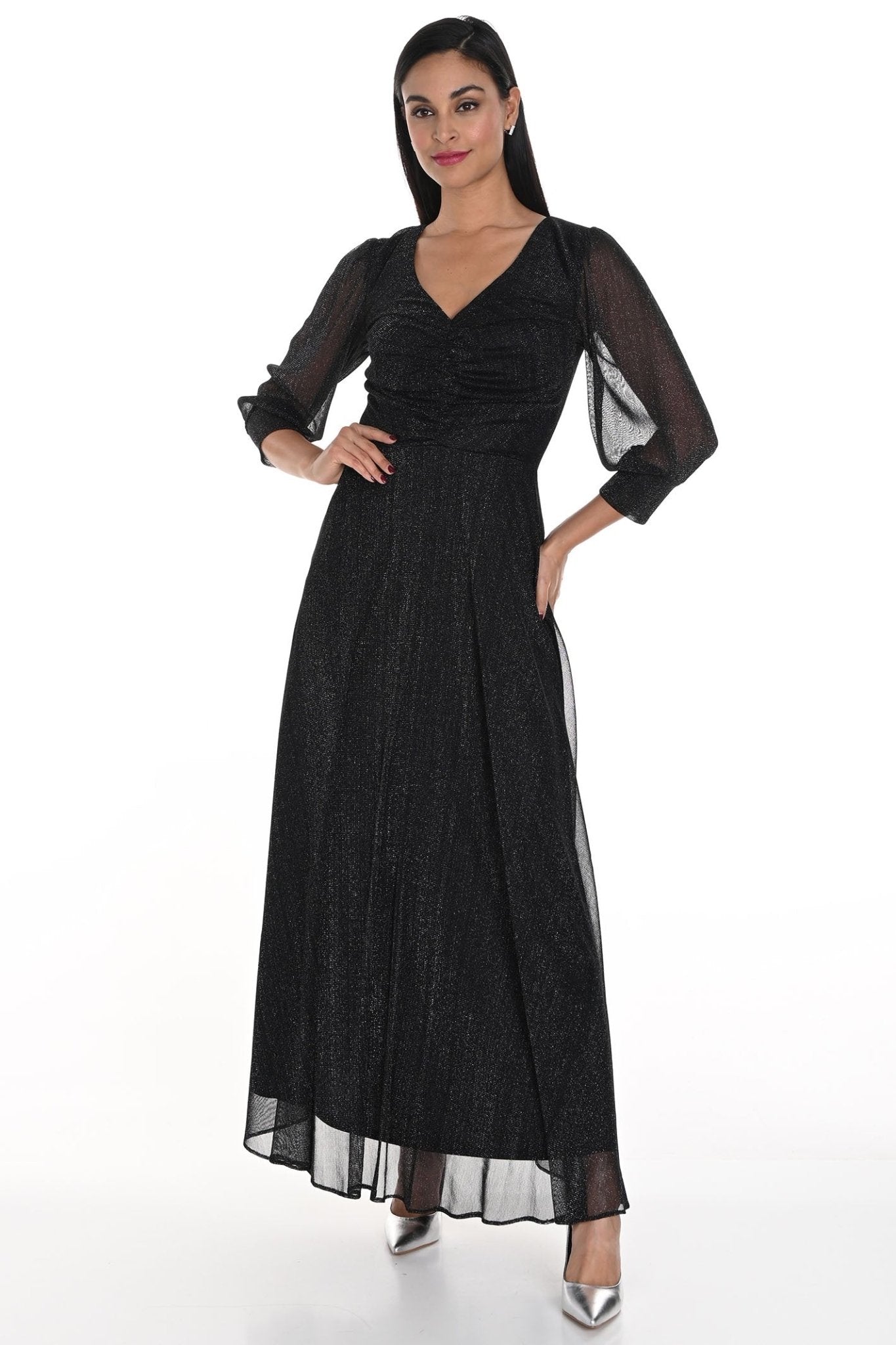 Frank Lyman 249218 Black Silver Shimmer V-Neck Evening Dress - Dotique