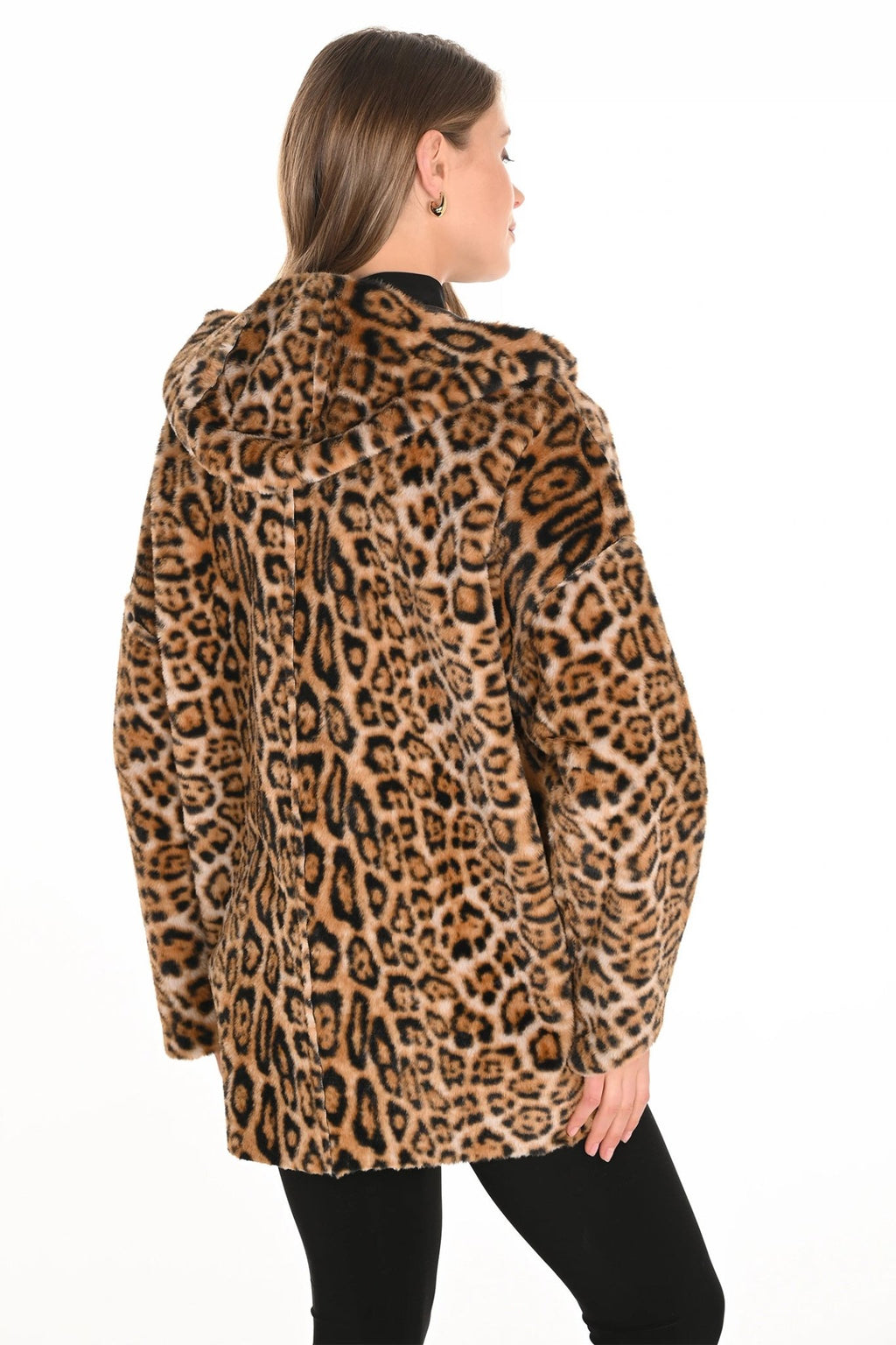 Person wearing a leopard print coat on a white background