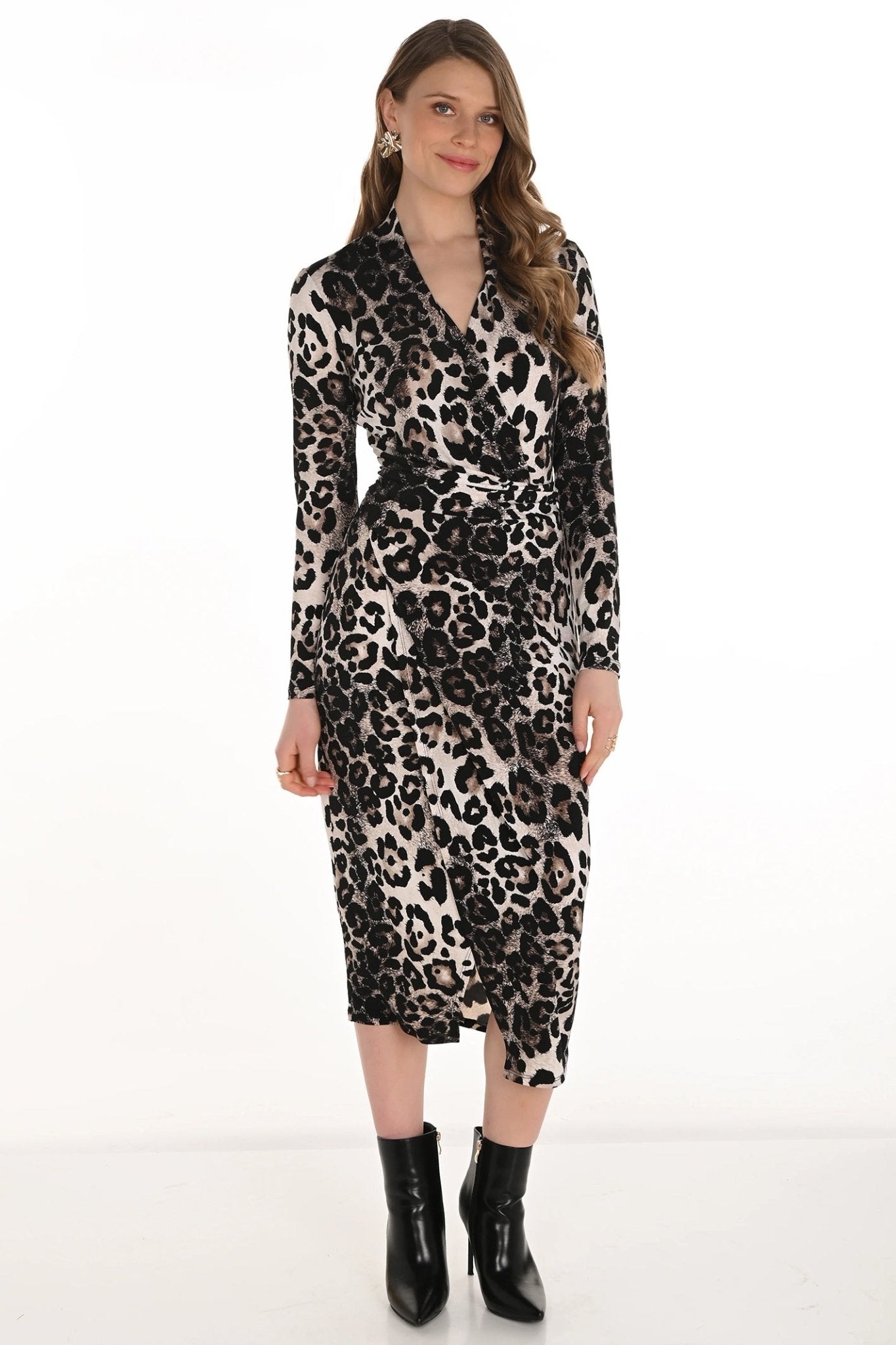Frank Lyman 254217 Beige Black Animal Print Midi Dress - Dotique - Frank Lyman