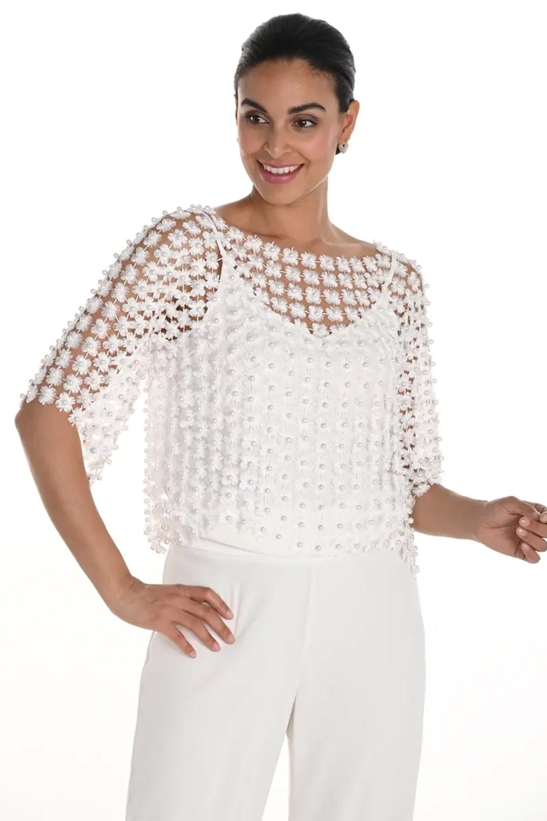 Frank Lyman 258722 Pearl & Diamanté Off White Short Sleeve Blouse - Dotique