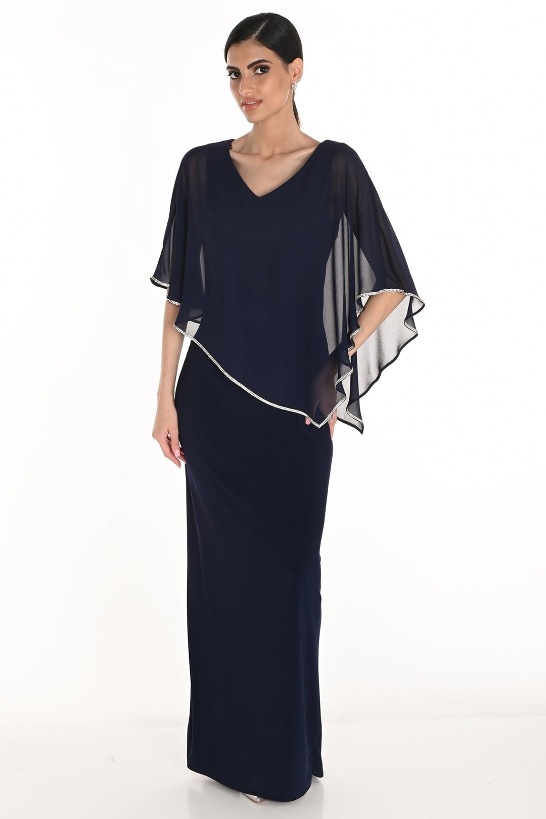 Frank Lyman 259046 Midnight Maxi Dress with V Neck Chiffon Layer Top - Dotique