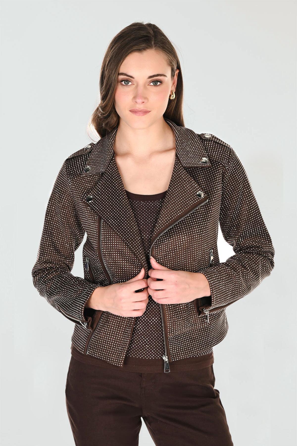 Shop the Frank Lyman 266596 Brown Embellished Biker Jacket at Dotique. A sparkling finishing layer to wear with denim or dress up for dinner.