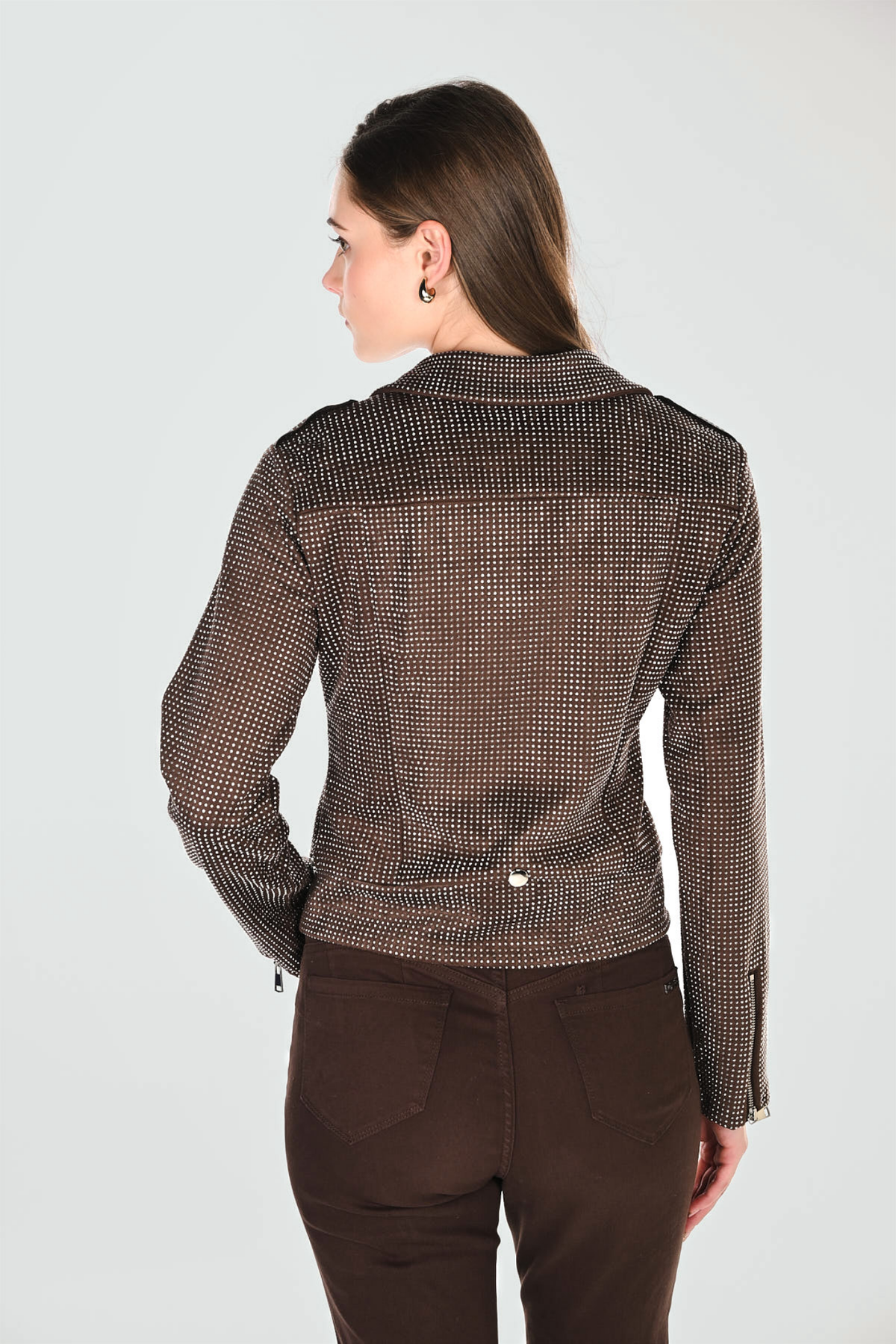 Shop the Frank Lyman 266596 Brown Embellished Biker Jacket at Dotique. A sparkling finishing layer to wear with denim or dress up for dinner.