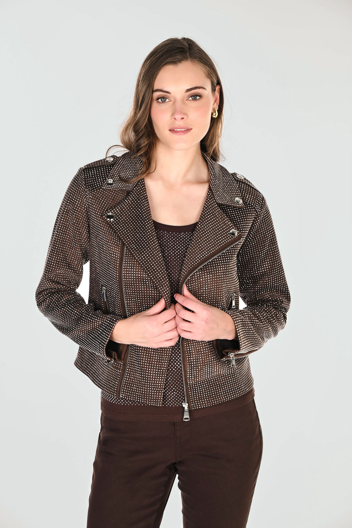Shop the Frank Lyman 266596 Brown Embellished Biker Jacket at Dotique. A sparkling finishing layer to wear with denim or dress up for dinner.