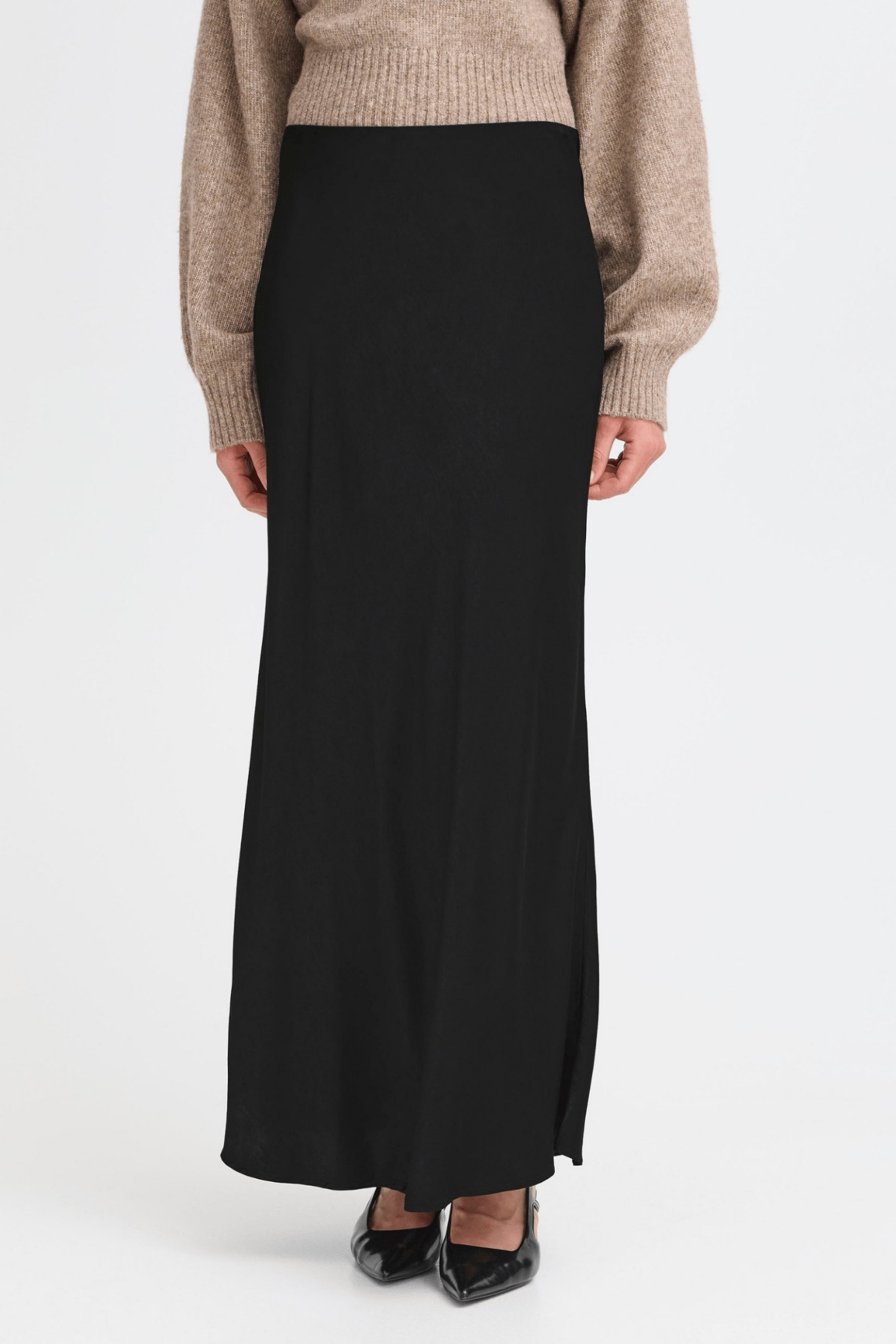 Fransa Floren black skirt in long satin finish with a simple elegant cut at Dotique