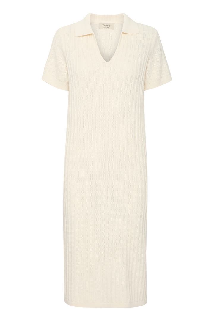 Fransa 20615698 FROFELINA DR 1 Knitted Dress with Collar and V-Neck Whisper White
