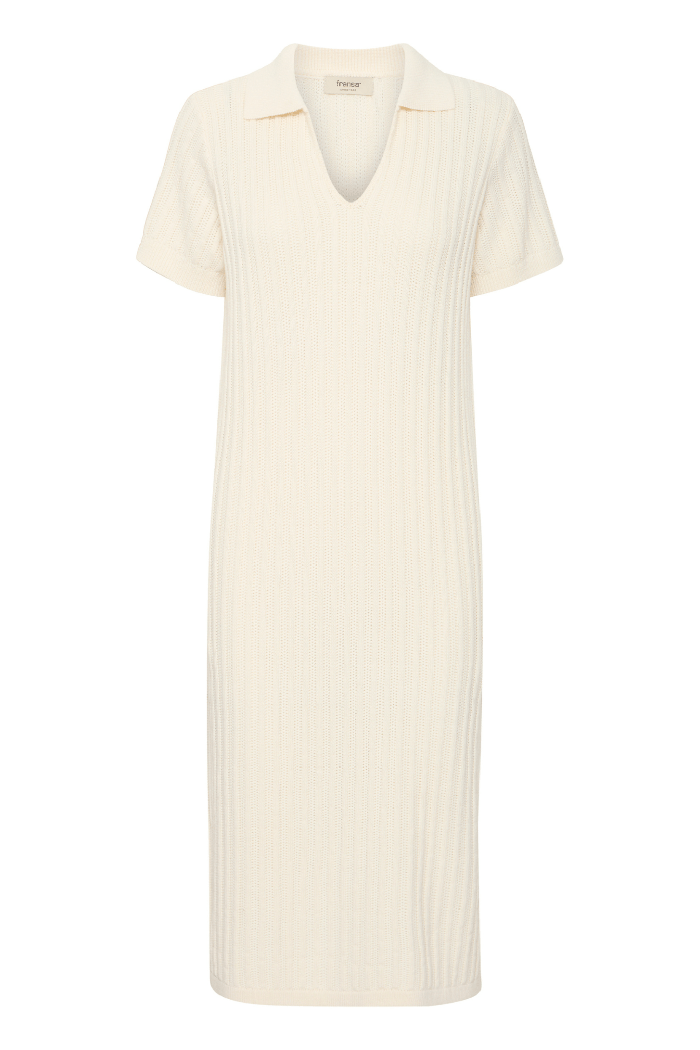 Fransa 20615698 FROFELINA DR 1 Knitted Dress with Collar and V - Neck Whisper White - Dotique