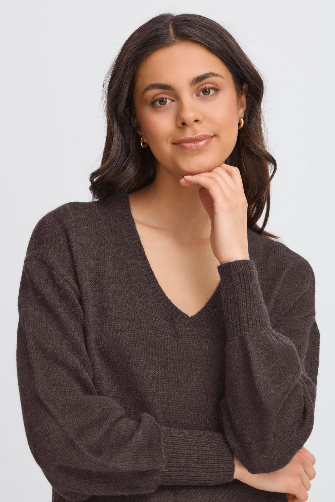 Fransa Freretta charcoal v-neck dress with relaxed long sleeves, Dotique style