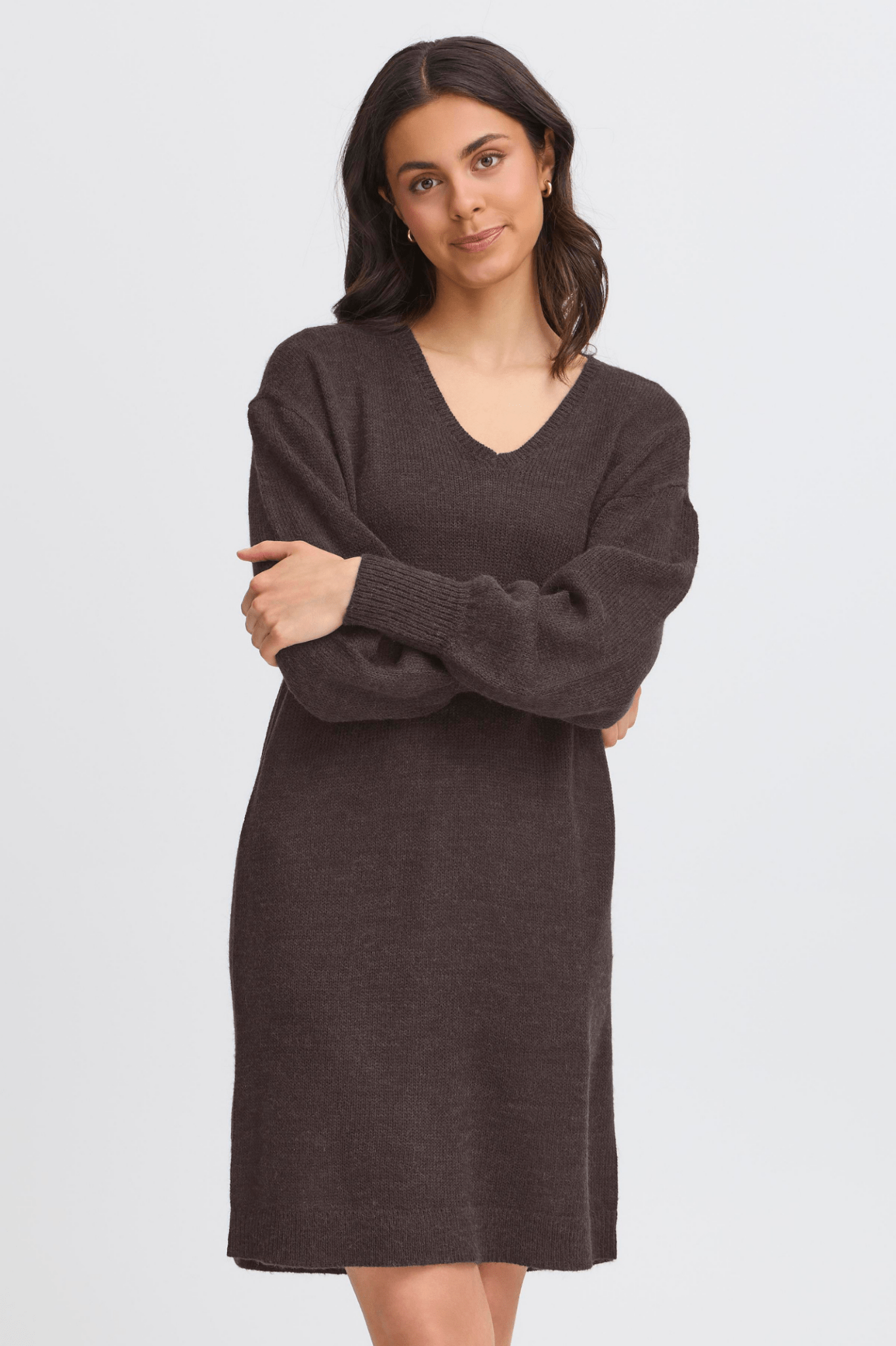 Fransa Freretta charcoal v-neck dress with relaxed long sleeves, Dotique style