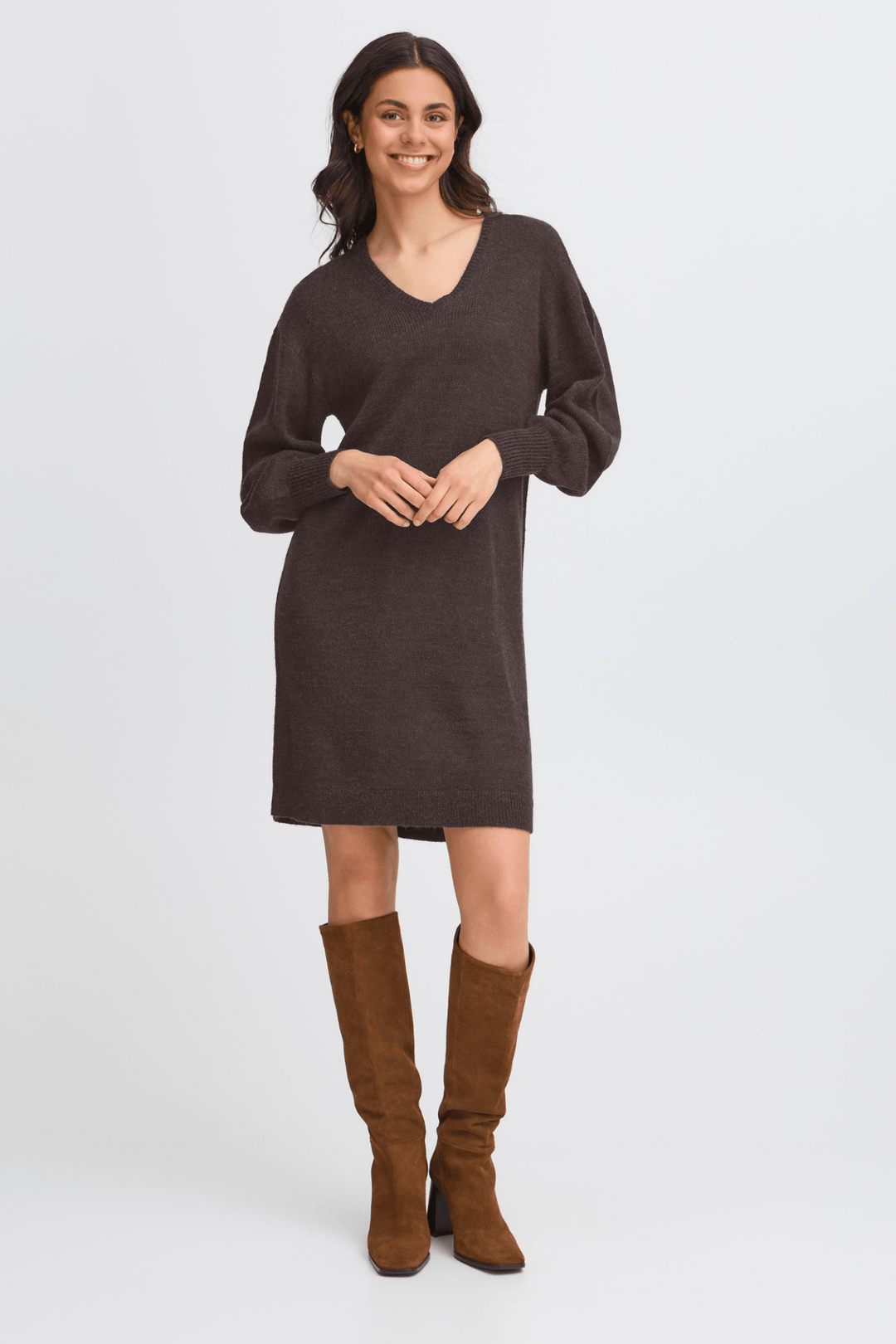 Fransa Freretta charcoal v-neck dress with relaxed long sleeves, Dotique style