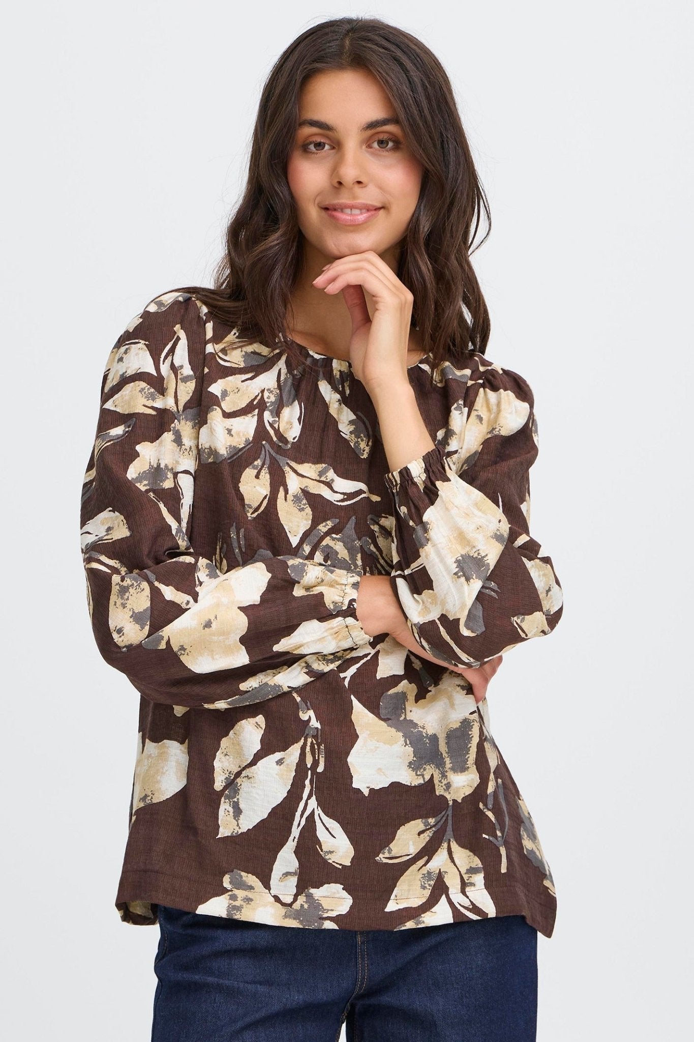 Fransa 20617195 FrAriana Floral Fudge Brown Print Blouse - Dotique - Fransa