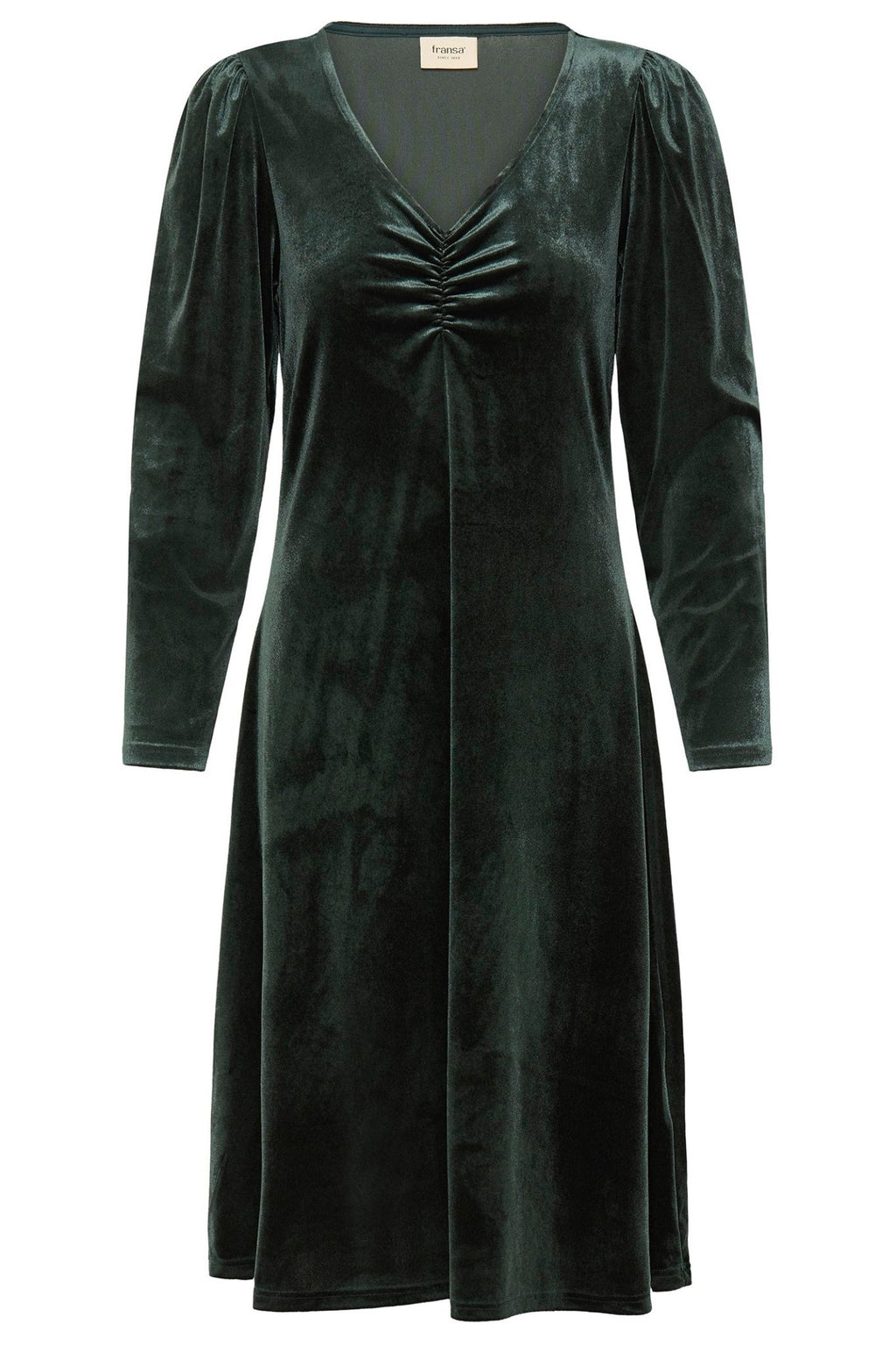 Green velvet dress with long sleeves on a white background