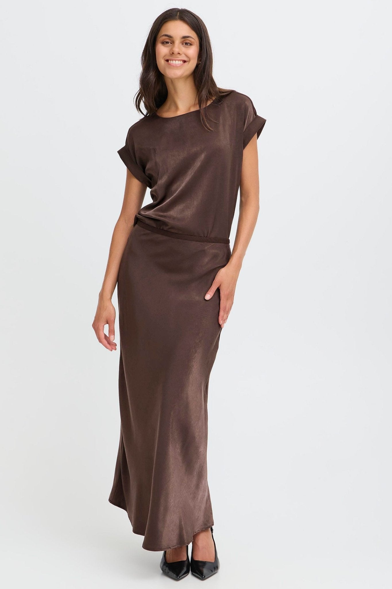 Fransa 20617291 FRSHINA Chocolate Torte Brown Satin Skirt - Dotique - Fransa