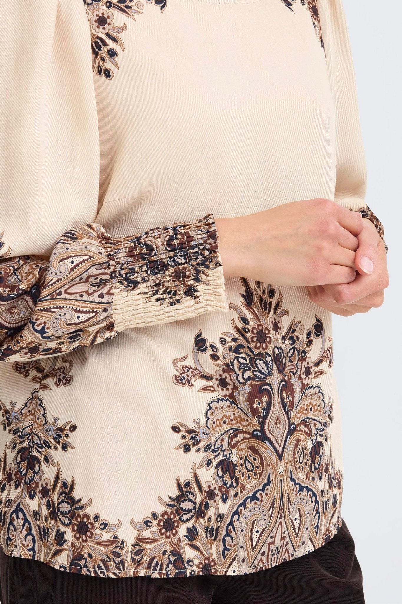 Fransa 20617327 FRAdara Pumicestone Beige Paisley Round Neck Blouse - Dotique - Fransa