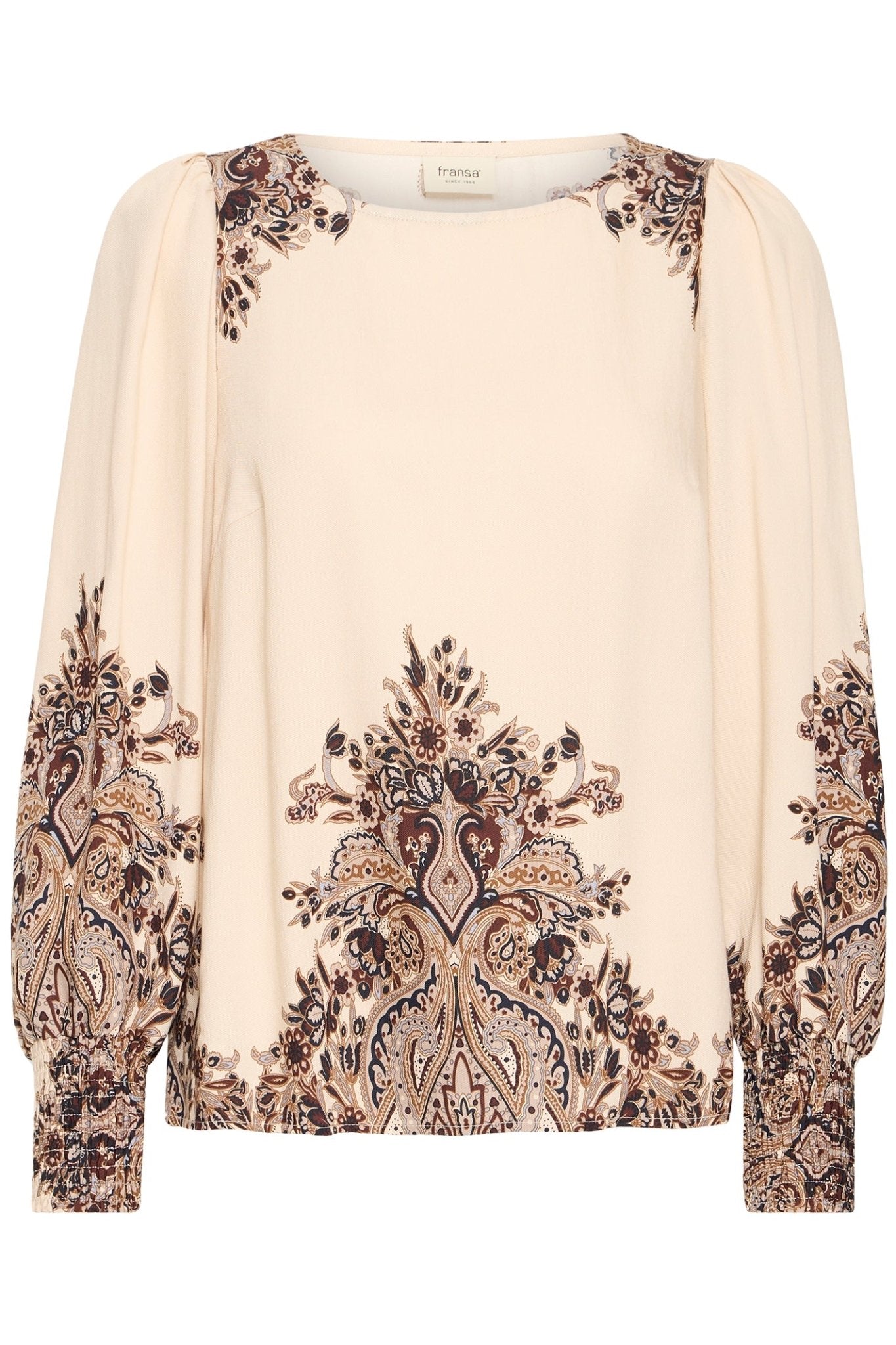 Fransa 20617327 FRAdara Pumicestone Beige Paisley Round Neck Blouse - Dotique - Fransa