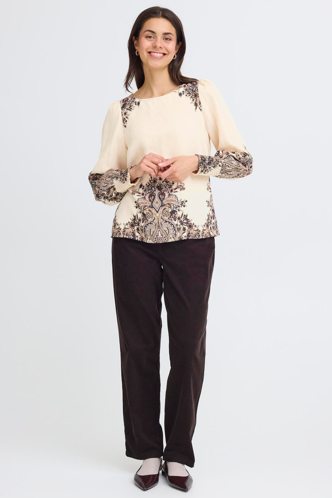 Fransa 20617327 FRAdara Pumicestone Beige Paisley Round Neck Blouse - Dotique - Fransa