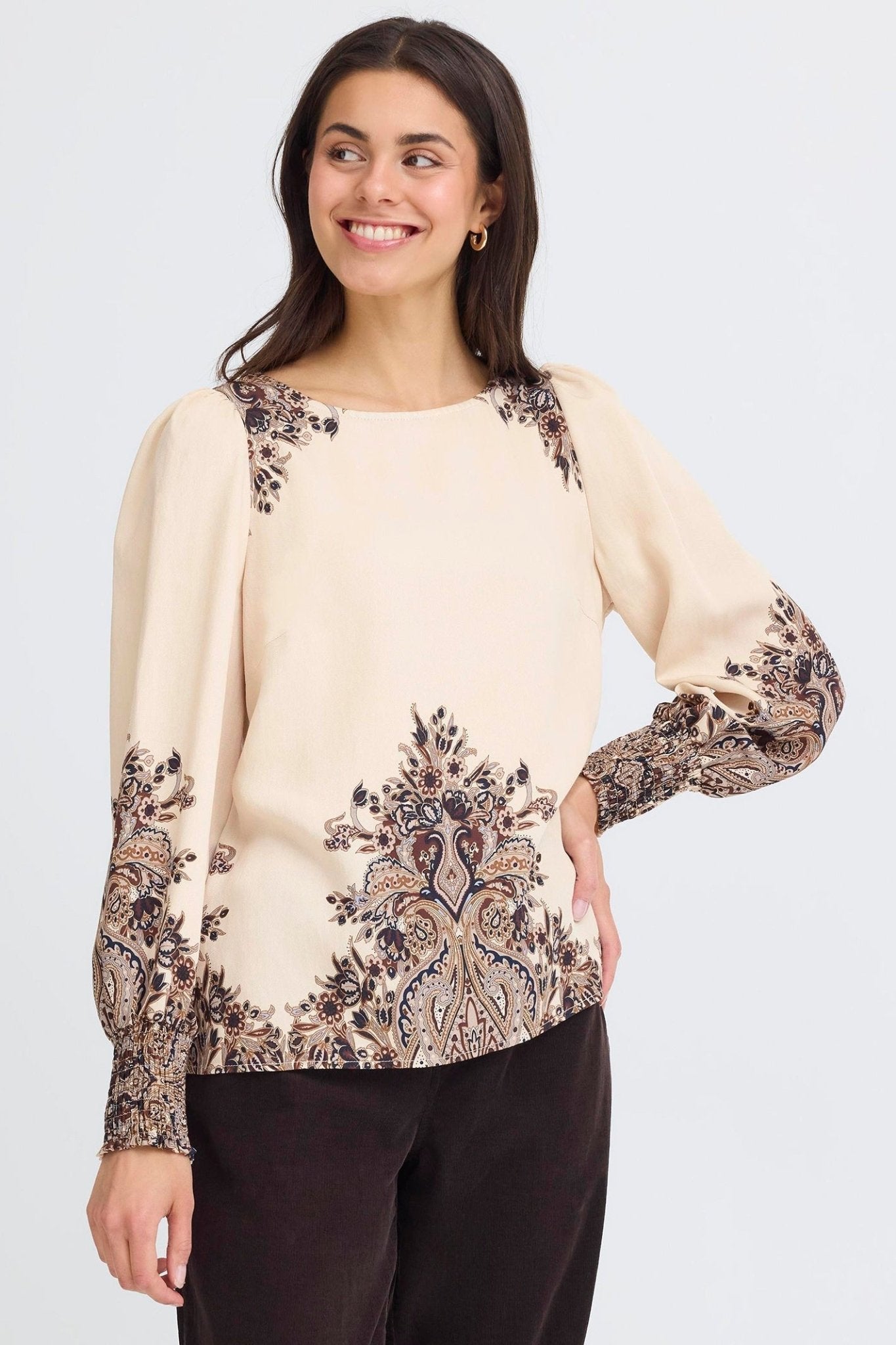 Fransa 20617327 FRAdara Pumicestone Beige Paisley Round Neck Blouse - Dotique - Fransa