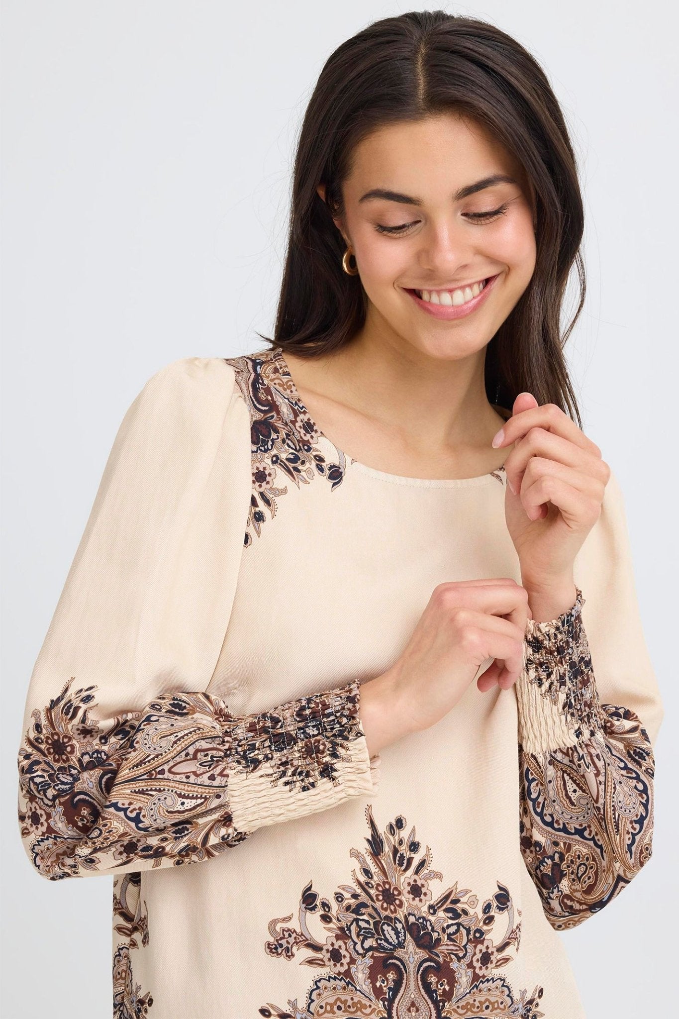 Fransa 20617327 FRAdara Pumicestone Beige Paisley Round Neck Blouse - Dotique - Fransa