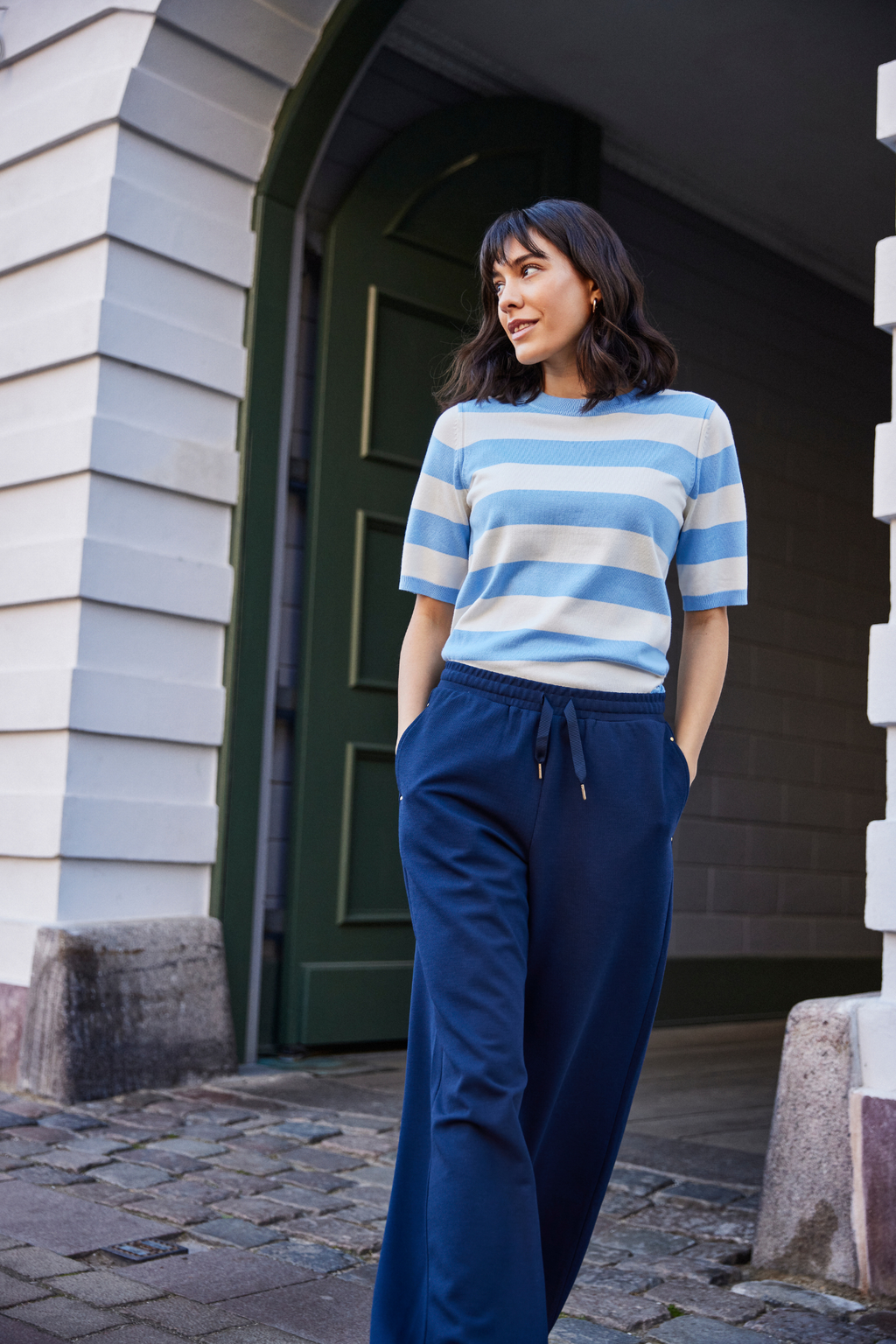 Fransa navy wide leg casual trousers with relaxed fit at Dotique