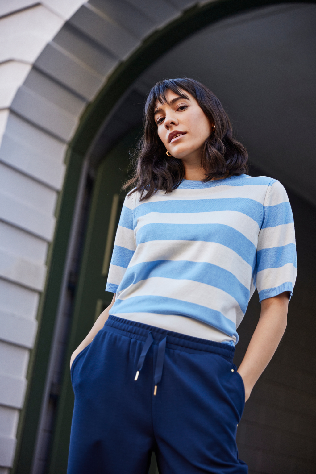 Fransa navy wide leg casual trousers with relaxed fit at Dotique