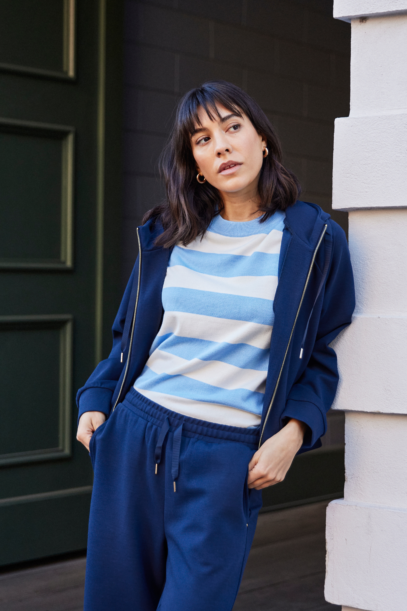 Fransa navy wide leg casual trousers with relaxed fit at Dotique