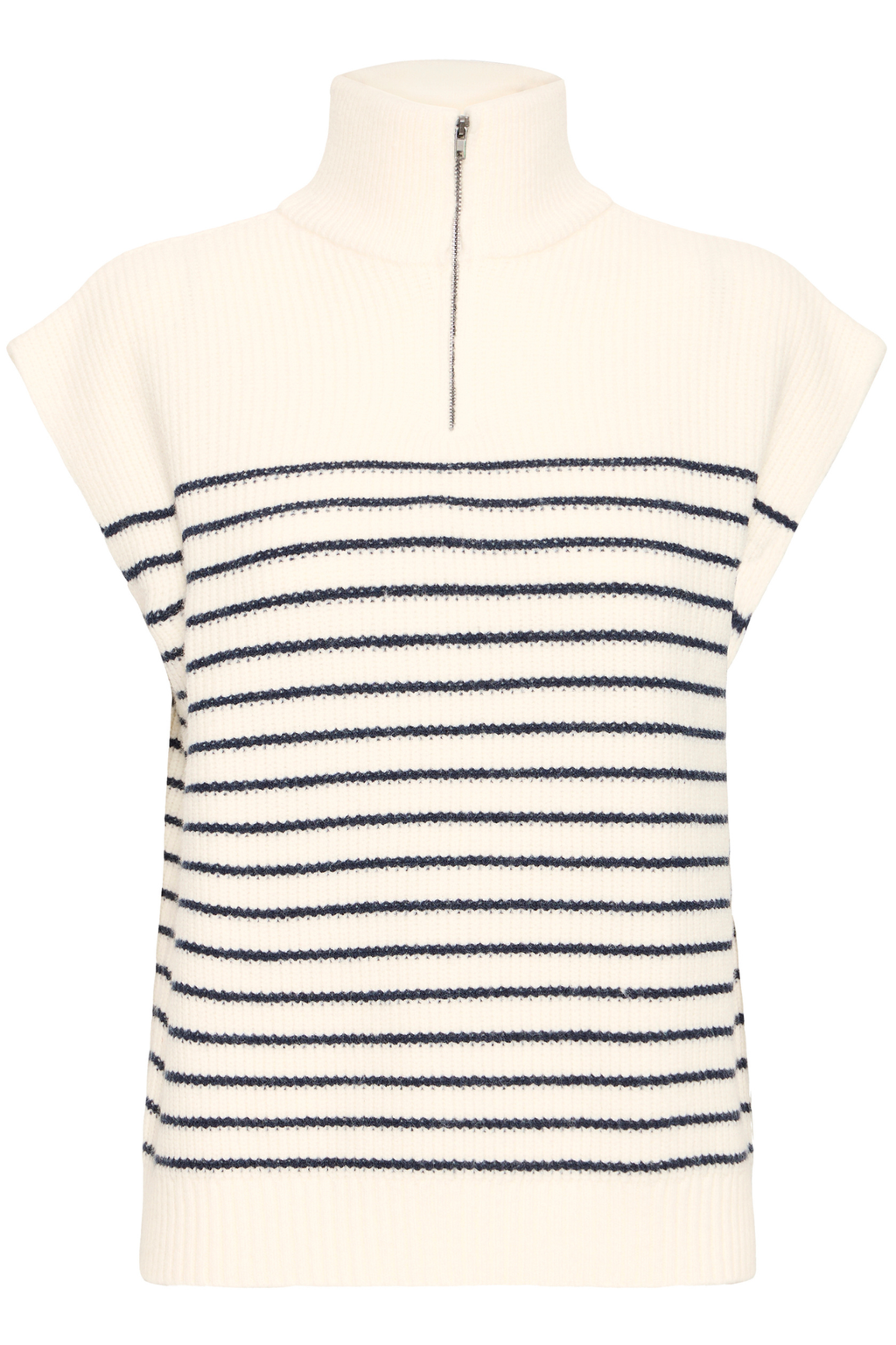  Fransa FRVINNA knitted tank top in Stripe Navy Blazer blends classic stripes with a modern twist thanks to its stylish front zip neckline. Shop Fransa at Dotique.
