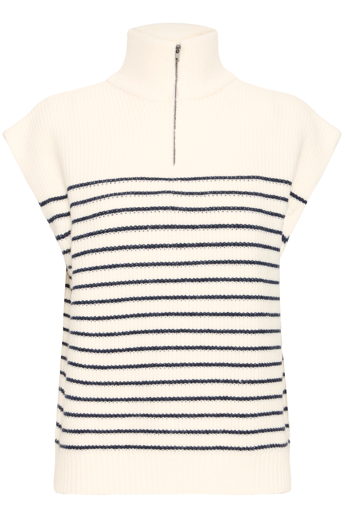  Fransa FRVINNA knitted tank top in Stripe Navy Blazer blends classic stripes with a modern twist thanks to its stylish front zip neckline. Shop Fransa at Dotique.