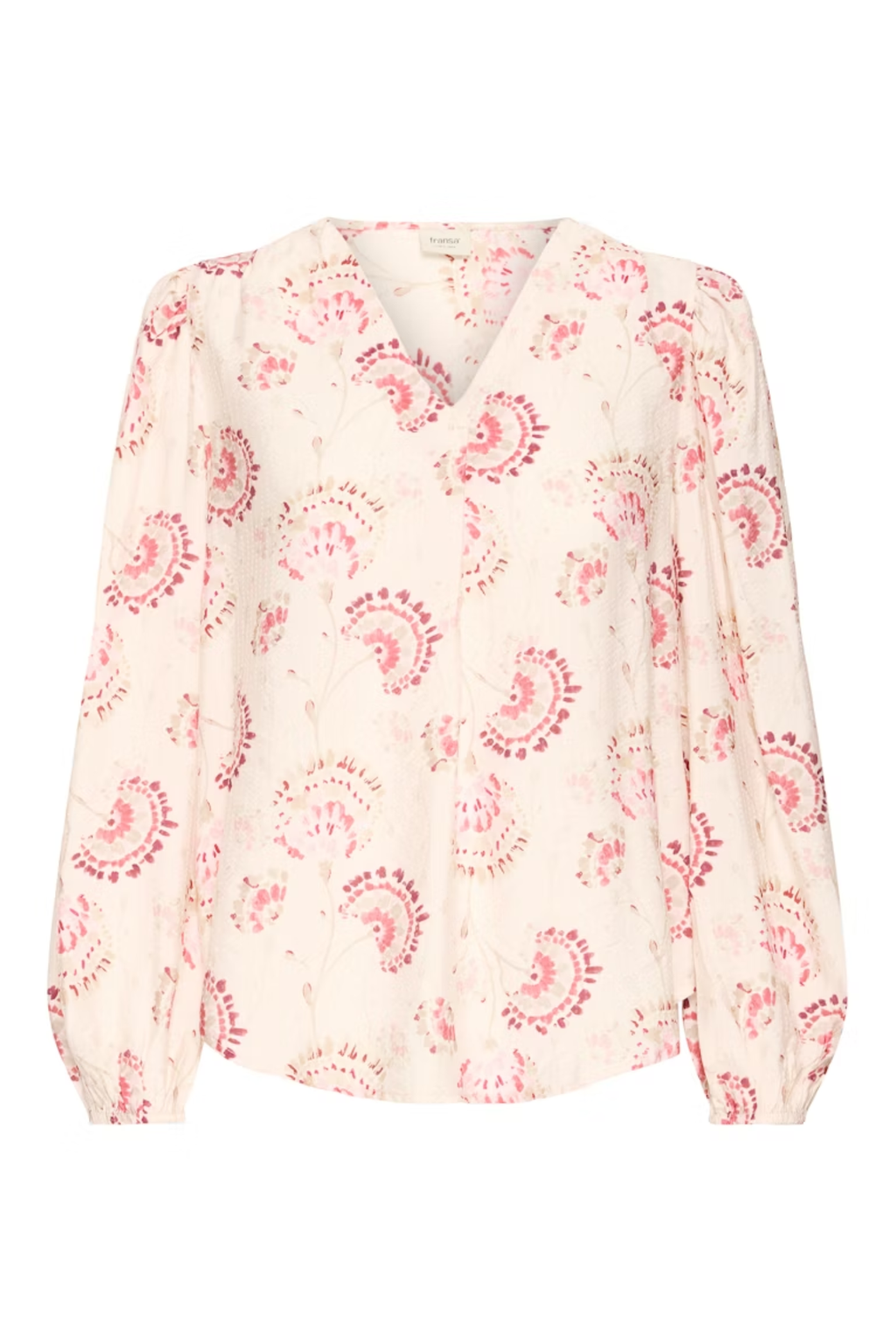 Fransa orchid floral V-neck blouse with long sleeves and soft drape at Dotique Peak Village