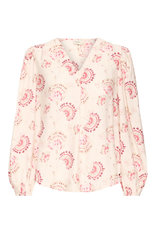 Fransa orchid floral V-neck blouse with long sleeves and soft drape at Dotique Peak Village