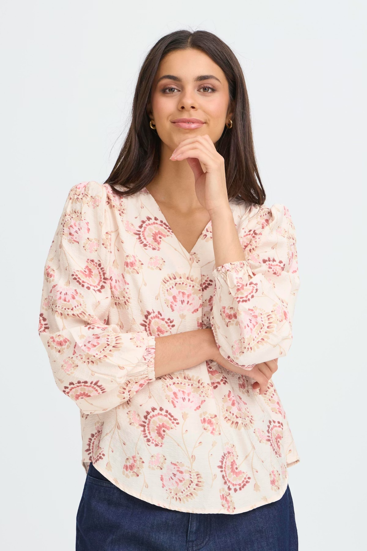 Fransa orchid floral V-neck blouse with long sleeves and soft drape at Dotique Peak Village