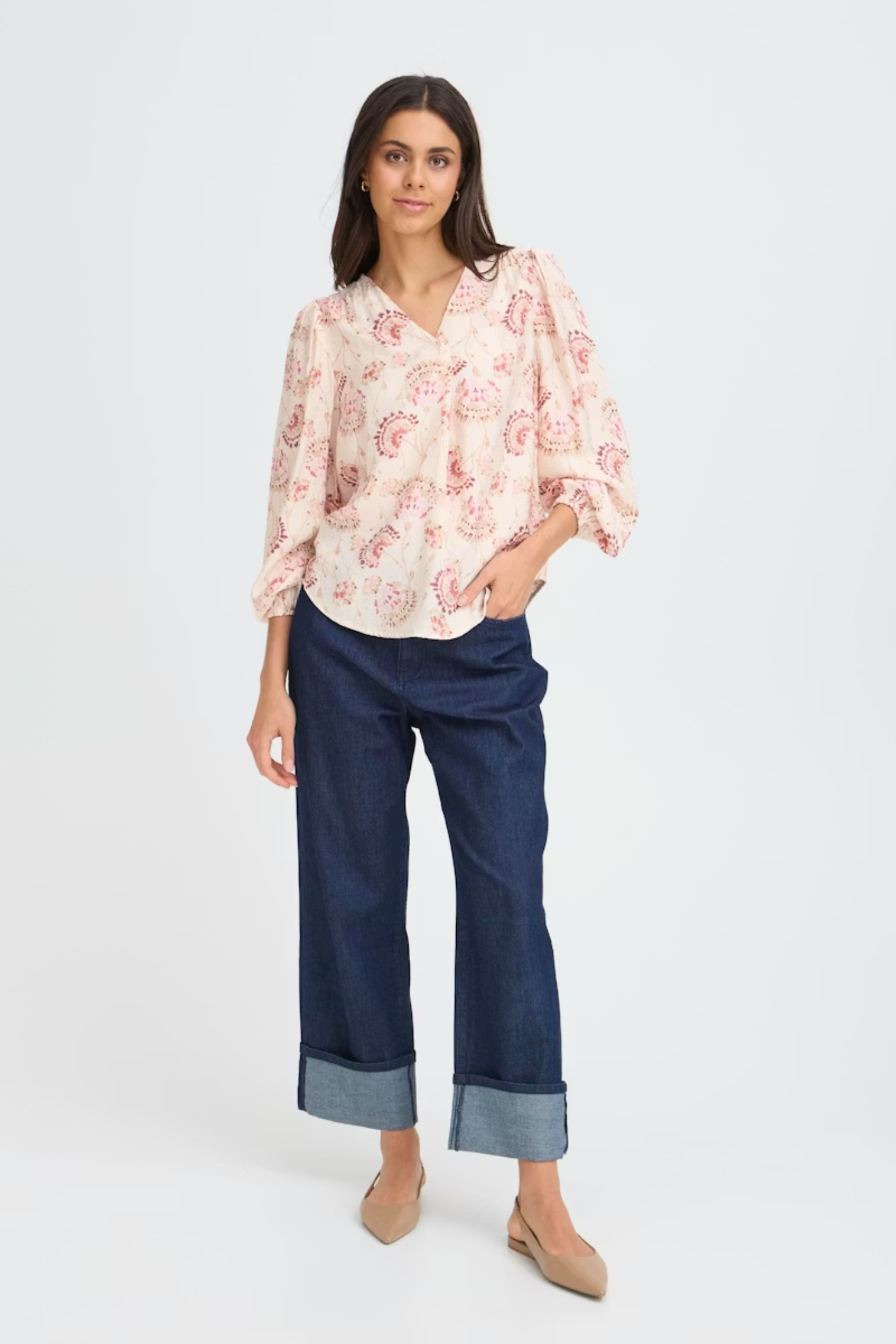 Fransa orchid floral V-neck blouse with long sleeves and soft drape at Dotique Peak Village