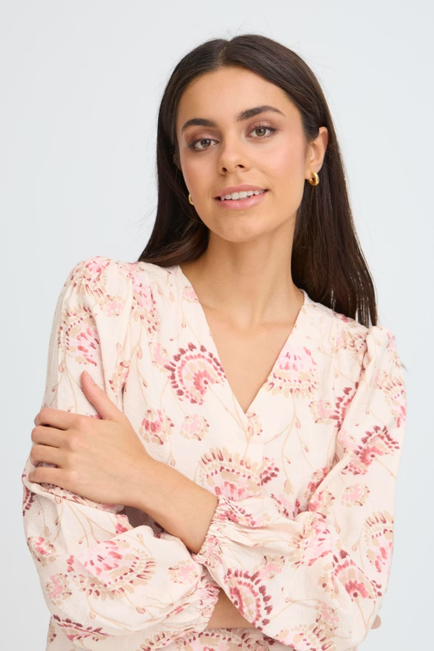 Fransa orchid floral V-neck blouse with long sleeves and soft drape at Dotique Peak Village