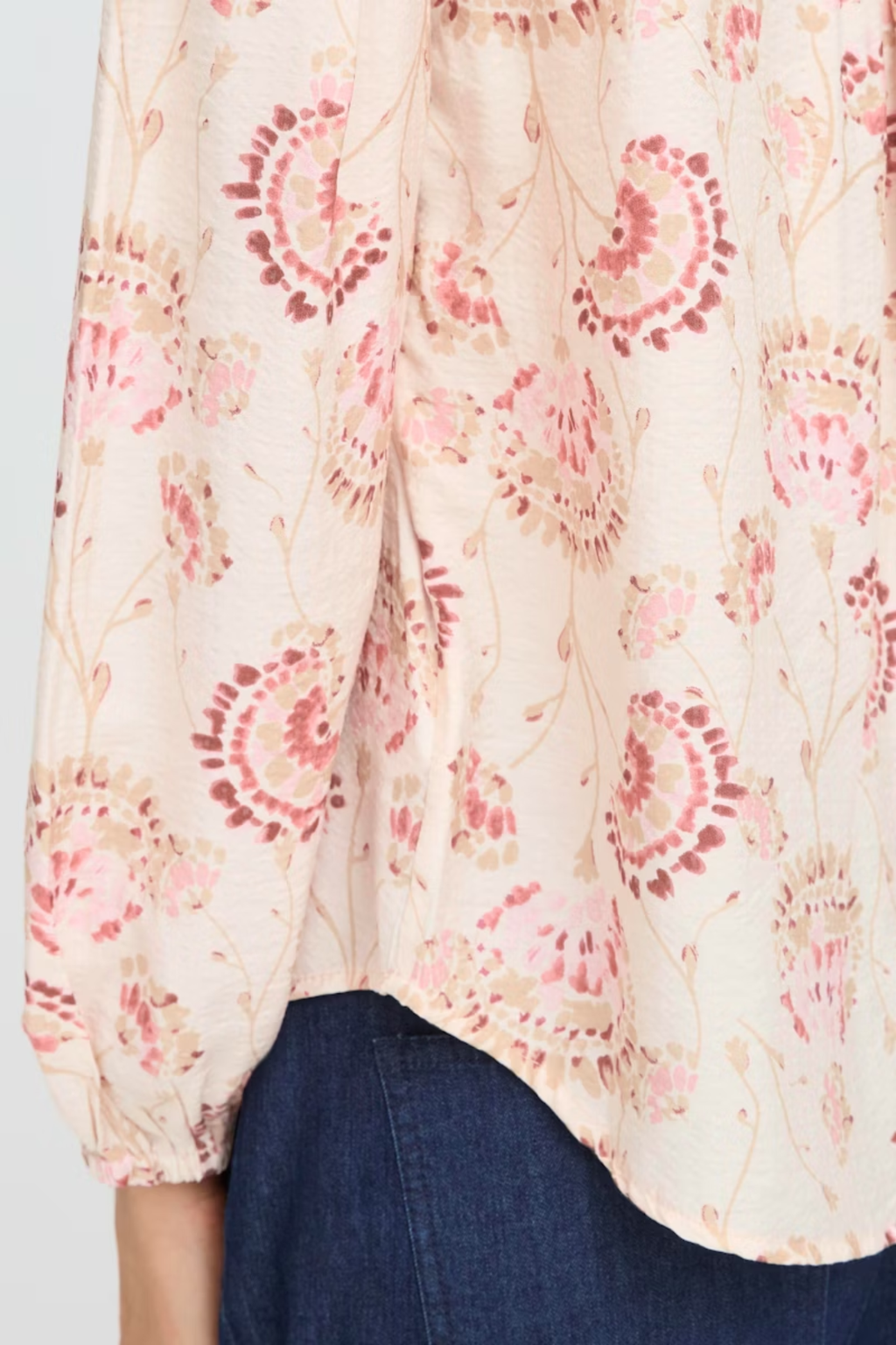 Fransa orchid floral V-neck blouse with long sleeves and soft drape at Dotique Peak Village