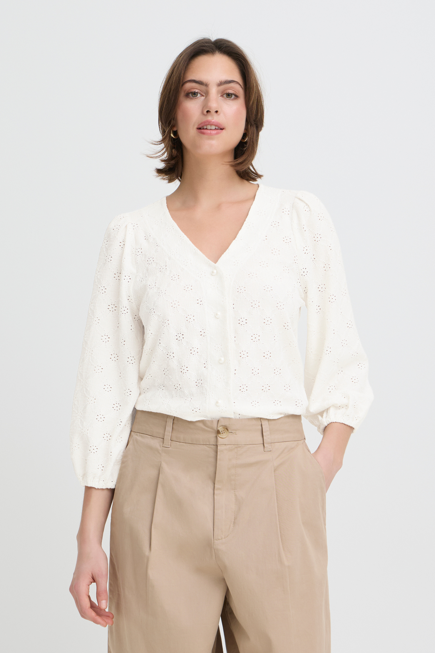 Fransa FRIMIRA blanc de blanc button front shirt with V neckline and long sleeves – Dotique