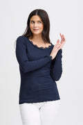 Fransa FRHIZAMOND 2 lace-trim long-sleeved top in Dark Peacoat – model front