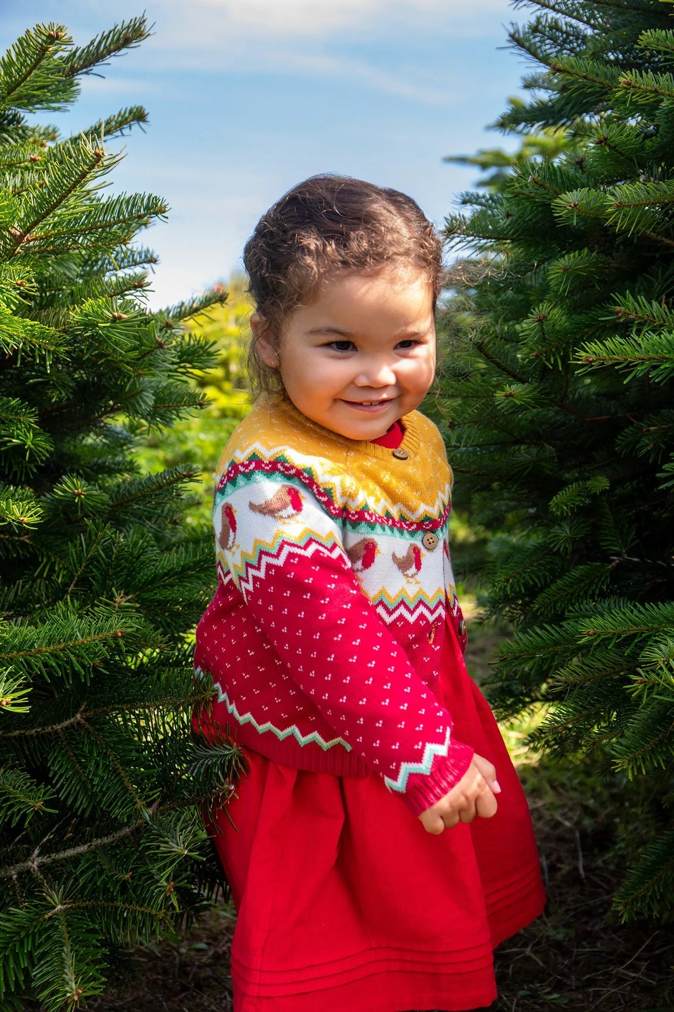 Child in a festive sweater and red skirt standing between Christmas trees