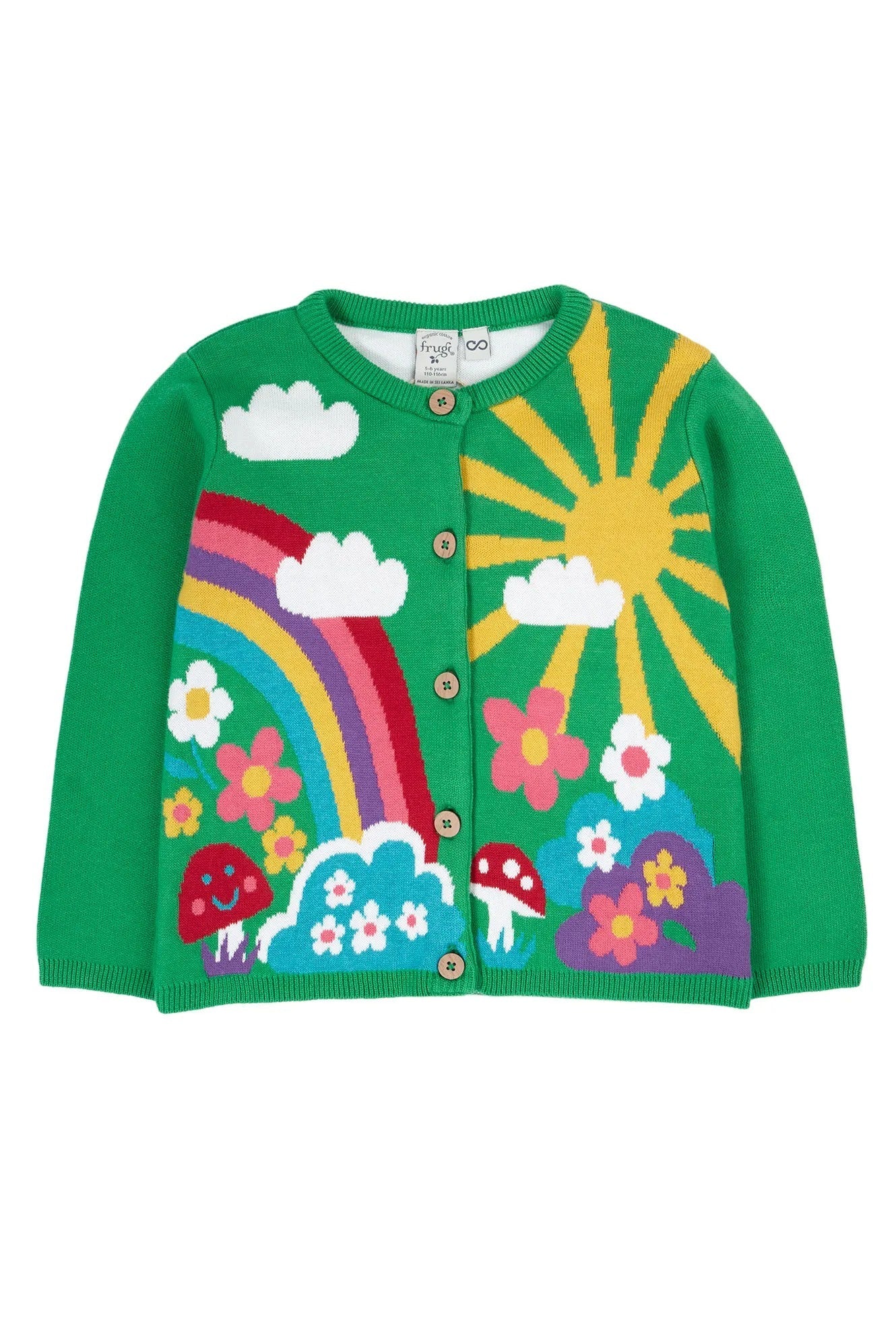 Colorful children's cardigan with rainbow, sun, flowers, and clouds on a white background