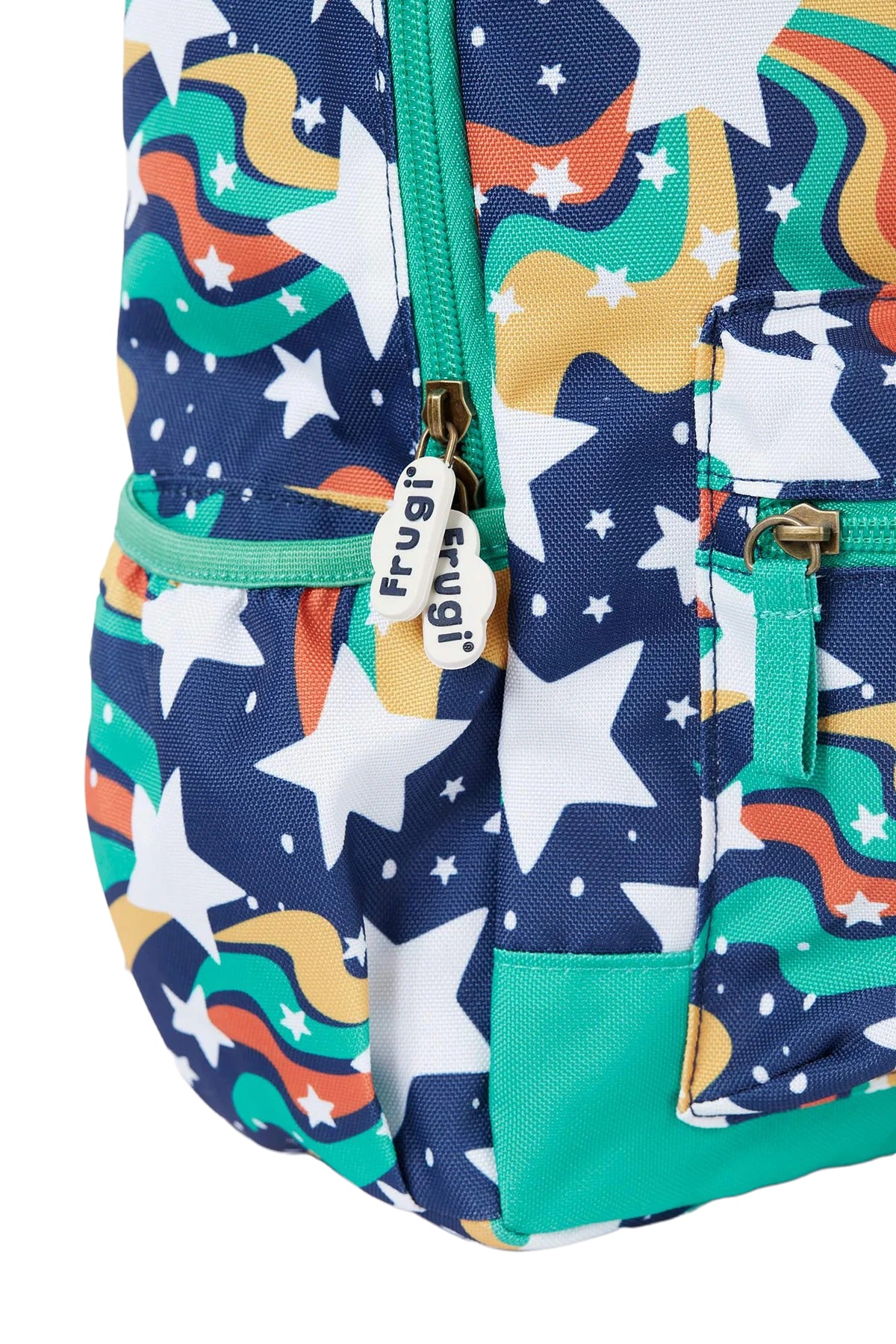 Backpack with colorful star pattern and visible brand tag on a white background