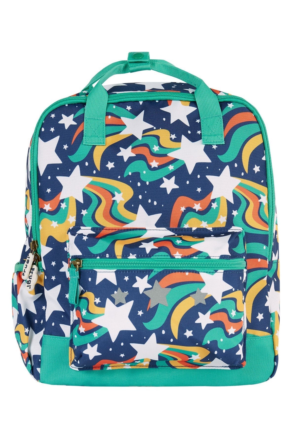 Backpack with star and rainbow pattern on a white background
