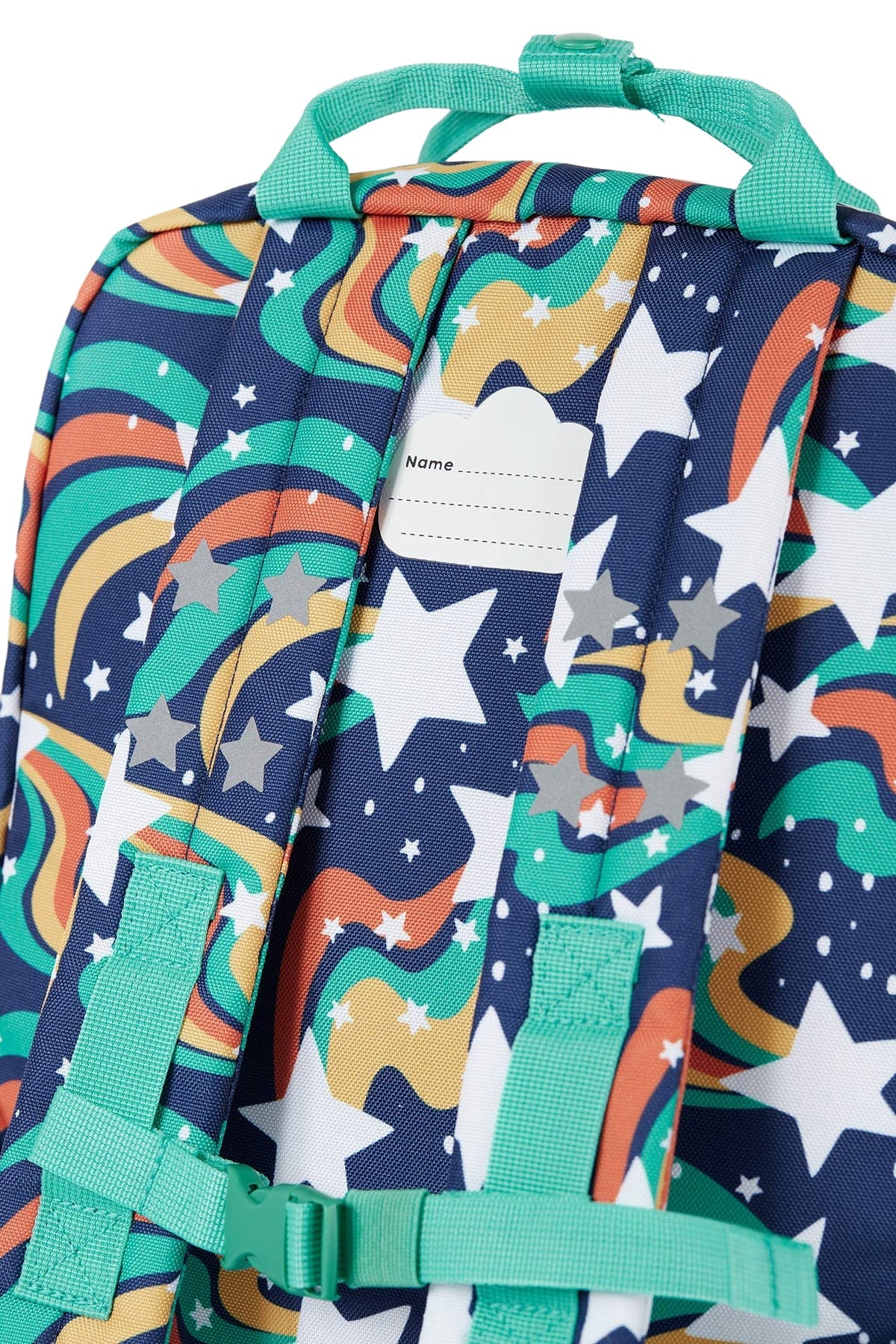 Backpack with colorful star and rainbow pattern on a white background