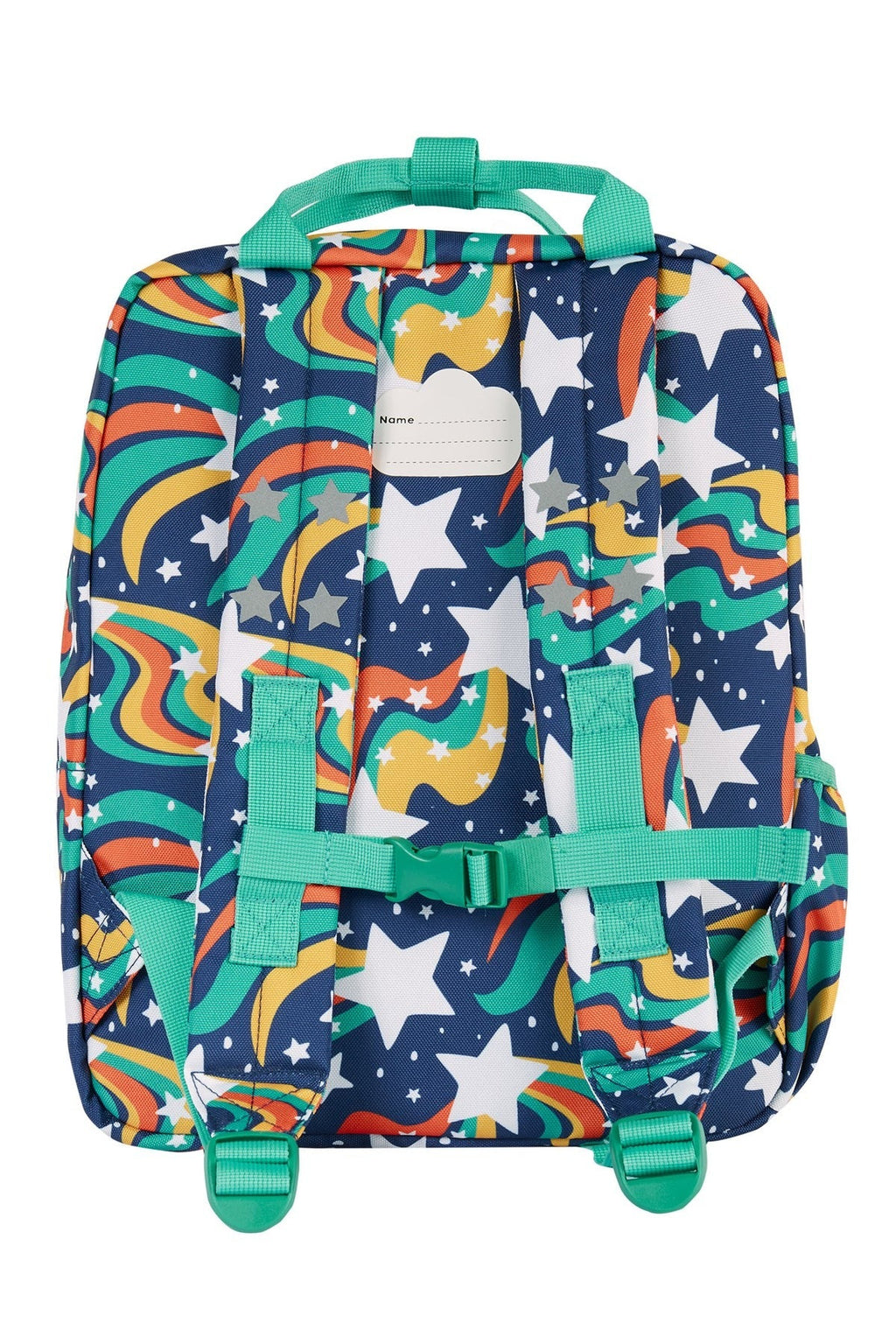 Colorful backpack with star and rainbow pattern on a white background